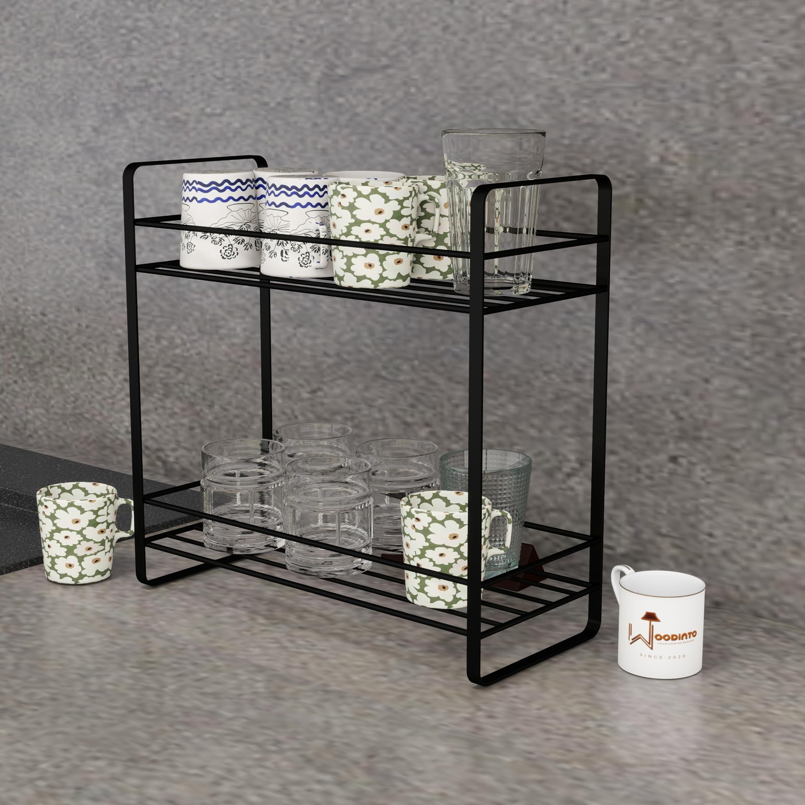 Woodinto Wrought Iron 2Tier Kitchen Countertop Cabinet Spice Rack Organizer  Foldable Black Utensils Stand Shelf For Spices, C
