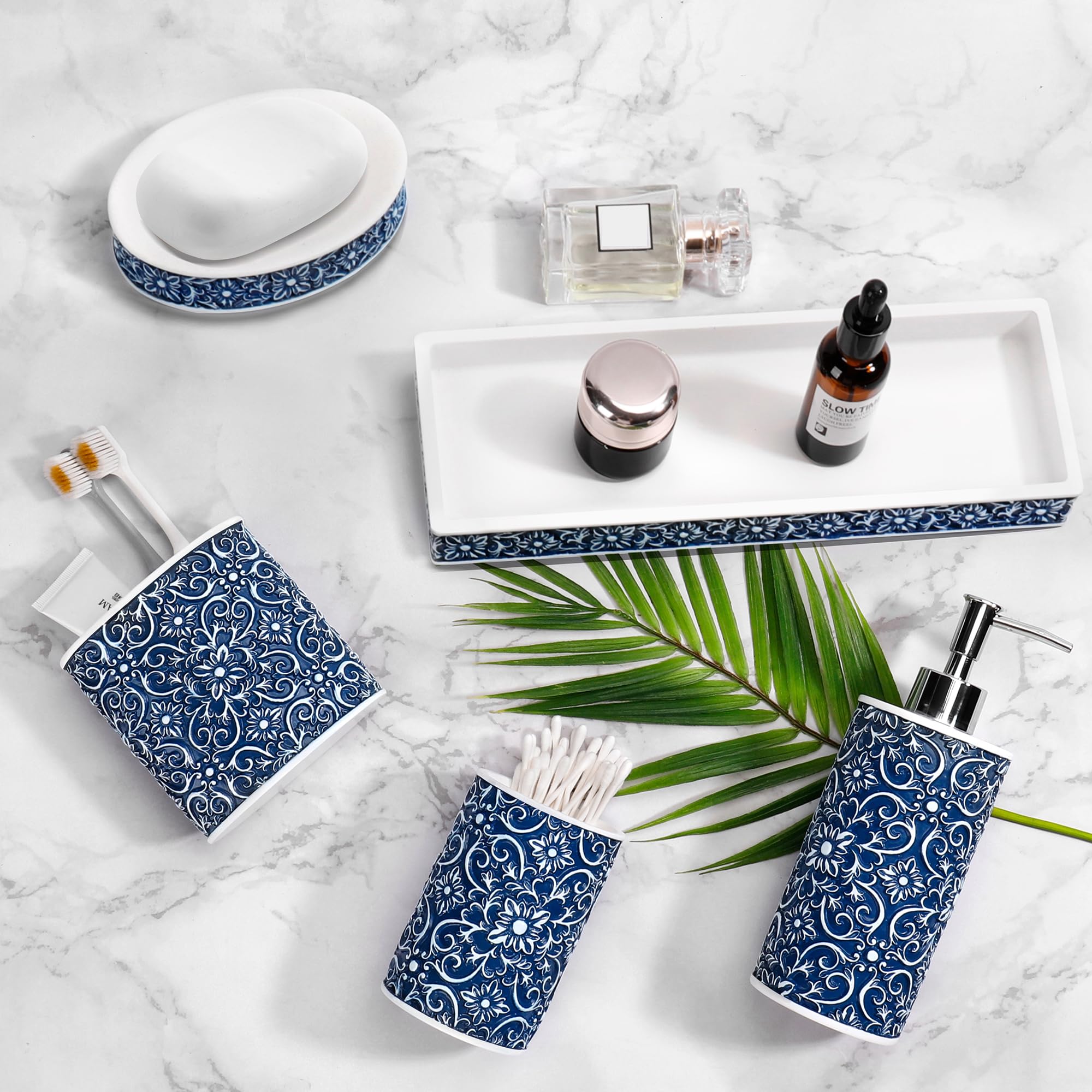 Ymxyjm Bathroom Accessories Set, Elegant Handmade Floral Pattern, 5 Pcs Bathroom Accessory Set, Soap Dispenser, Toothbrush Holde