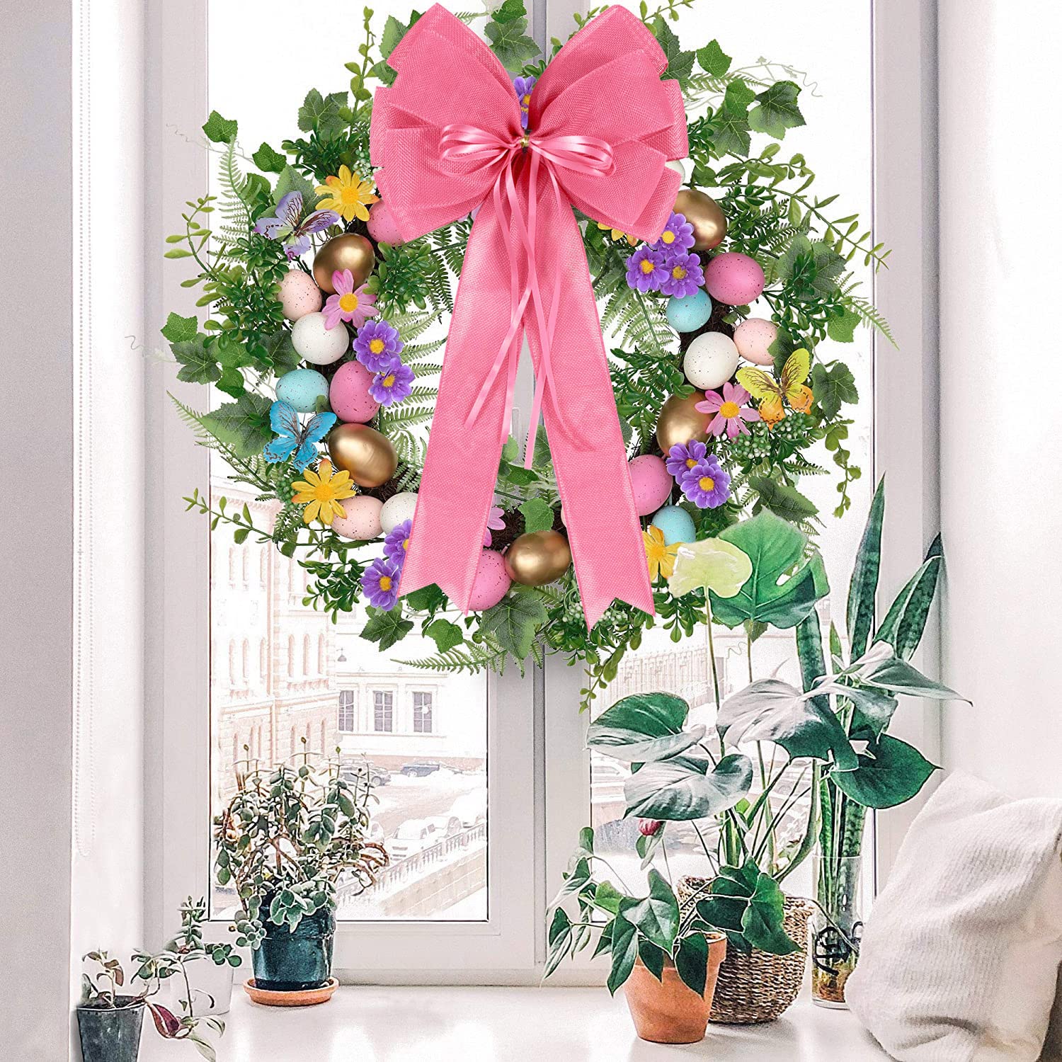2 Pcs Large Pink Christmas Wreath Bows Decor,Xmas Tree Topper Bow Decorations with Pink Burlap and Glitter String for Christmas