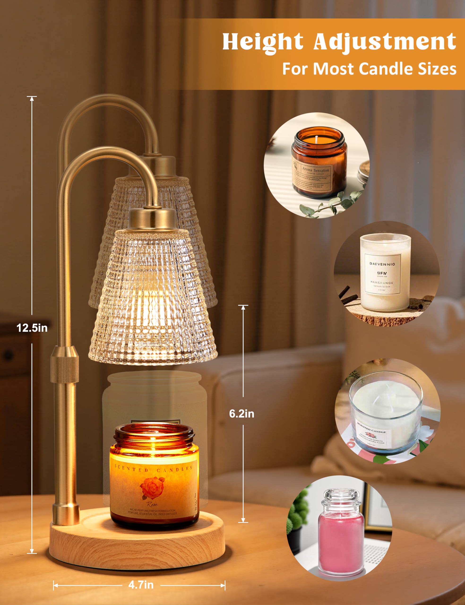Innqoo Wood Color& Clear Candle Warmer Lamp with Timer, Dimmable Candle Warmer for Jar Candles, Height Adjustable Wax Melts Warm