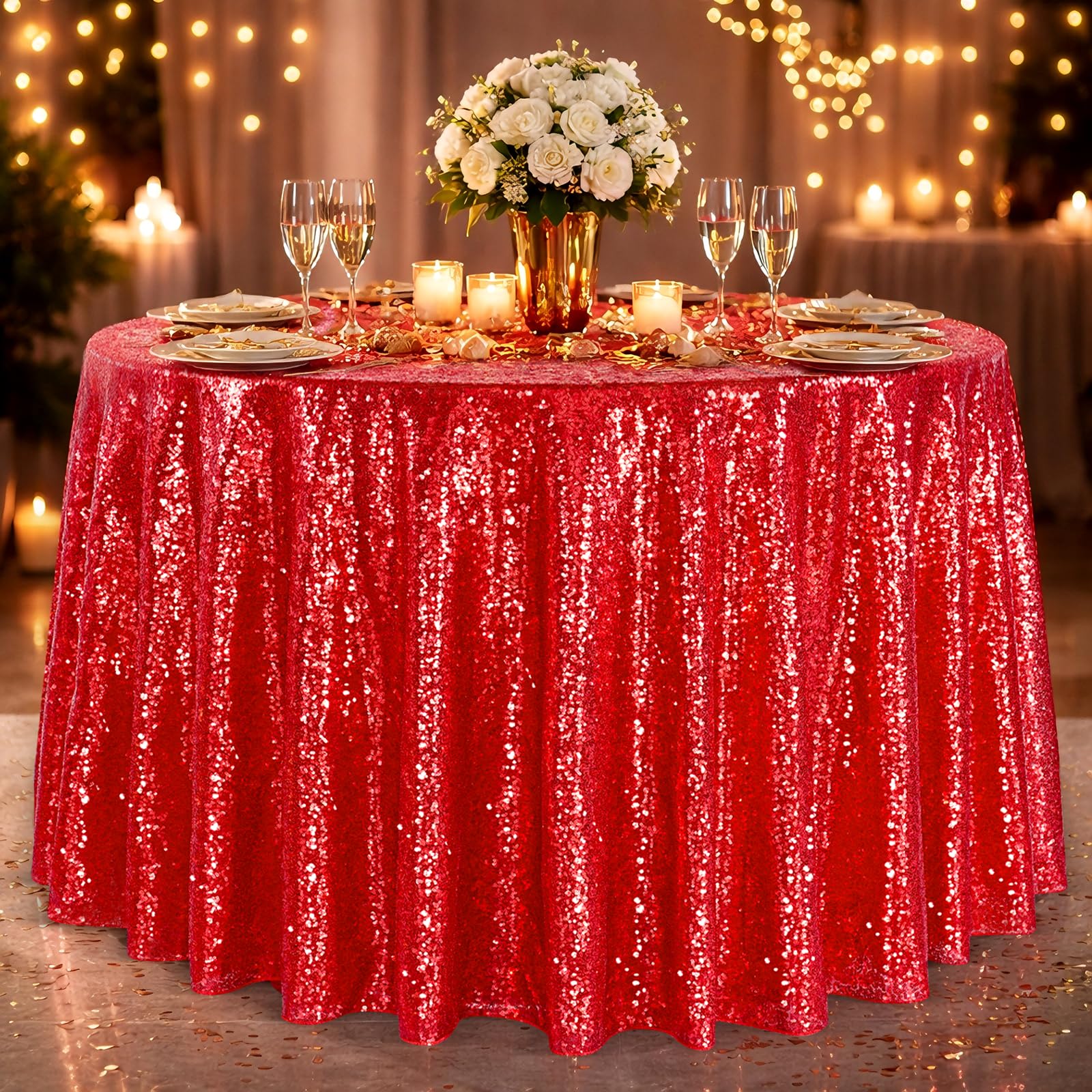 B-COOL Red Sequin Tablecloth Round Table Decor - 120 Inch Sequence Fabric Decoration for Grilling Themed Party Buffet Baby Showe