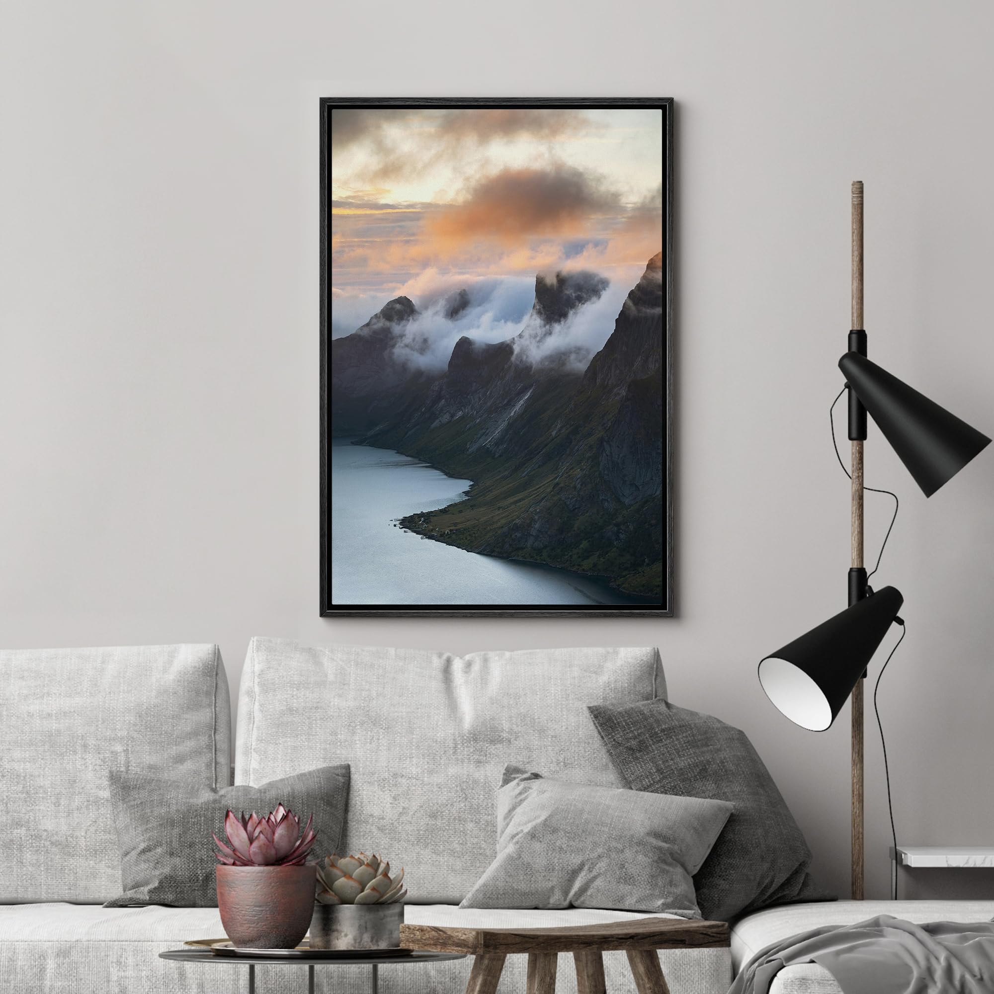 Wall26 Framed Canvas Print Wall Art Misty Mountain Sunrise Over Fjord Animals Photography Realism Rustic Scenic Landscape Wilder