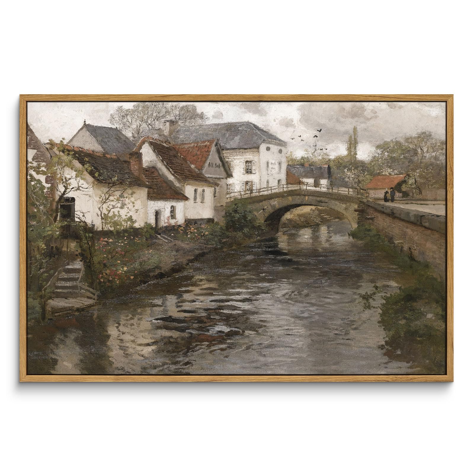 Insimsea Framed Canvas Wall Art Vintage Decor, Landscape Wall Art, Riverside Small Town Large Canvas Prints Home Decor, Rustic F