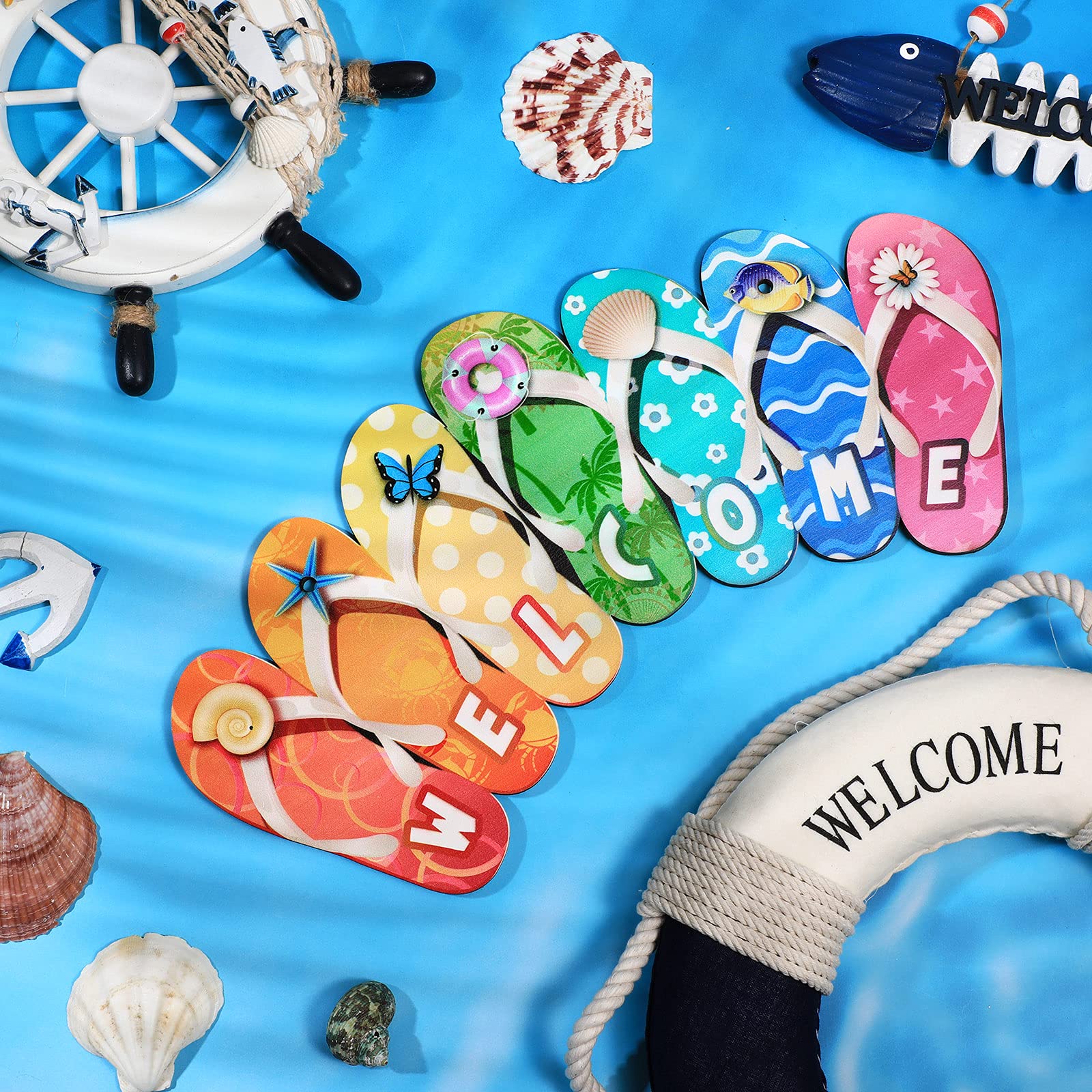 Summer Slippers Hanging Sign Shape Welcome Hello Flip Flop Wooden Door Plaque Rustic Wall Sign Yard Indoor Outdoor Garden Decora