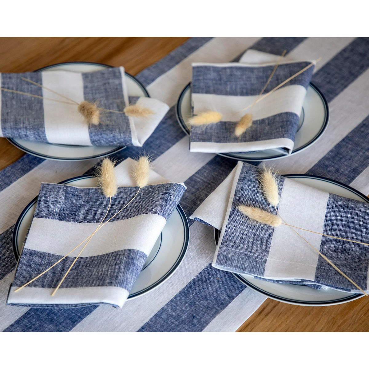 Solino Home Linen Napkins Set Of 4 - 100% Pure Linen Navy And White Cloth Napkins 20 X 20 Inch - Cabana Stripe Washable Dinner N