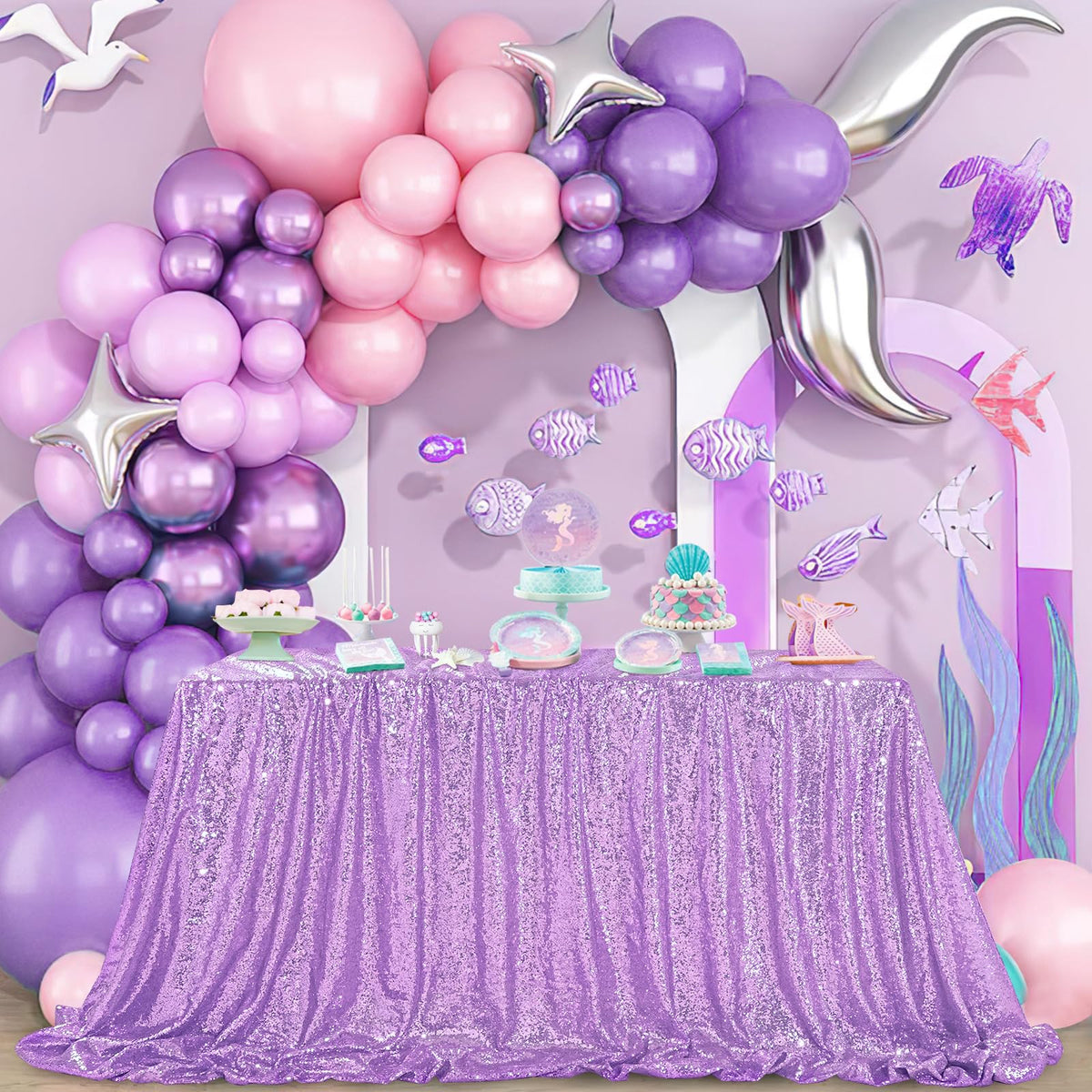 Queendream Sequin Tablecloth 90X132 Lavender Party Tablecloth Rectangular Seamless Sequin Table Cloth Overlay Glitter Weddin