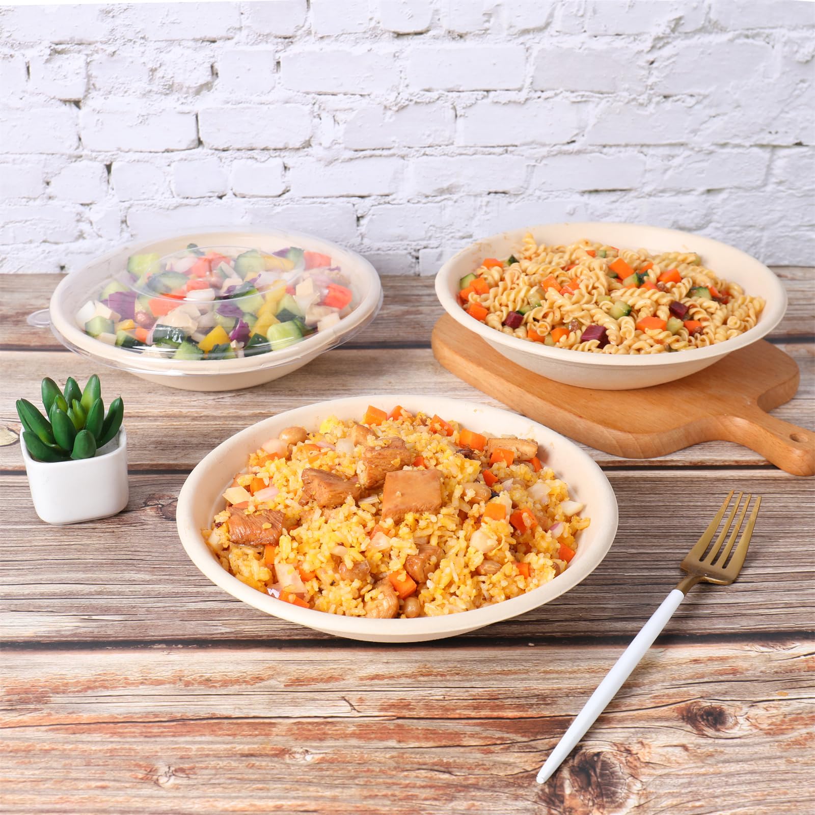 Jayeey 24Oz Round Disposable Bowls With Lids, Sugarcane Fiber Paper Bowls Take Away Food Containers Plant Fibers Freezer Safe 50