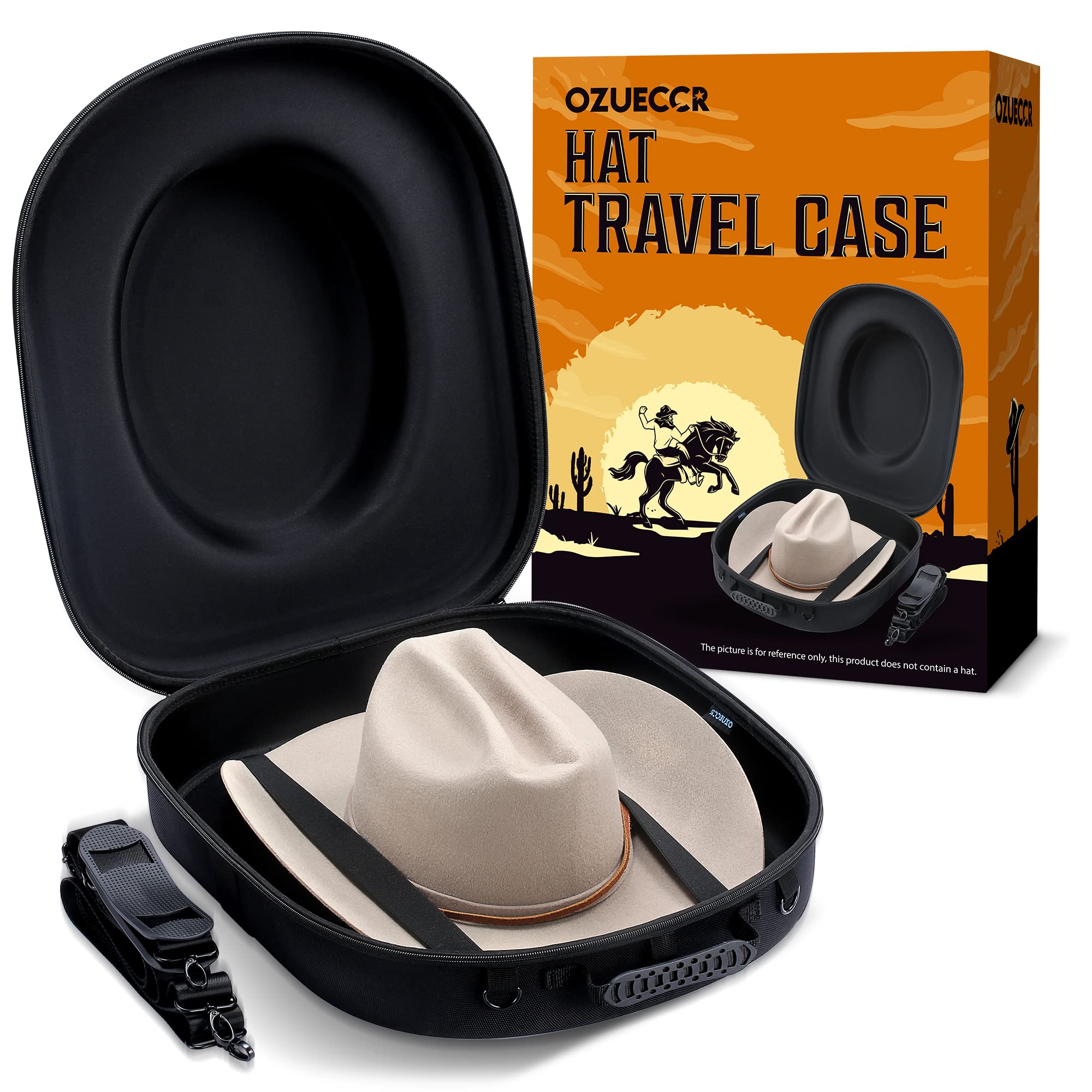 Ozueccr Travel Hat Carrier Case - Crush Proof For Cowboy, Panama & Tweed Hats - Carrying Handle, Shoulder & Luggage Straps - Lar