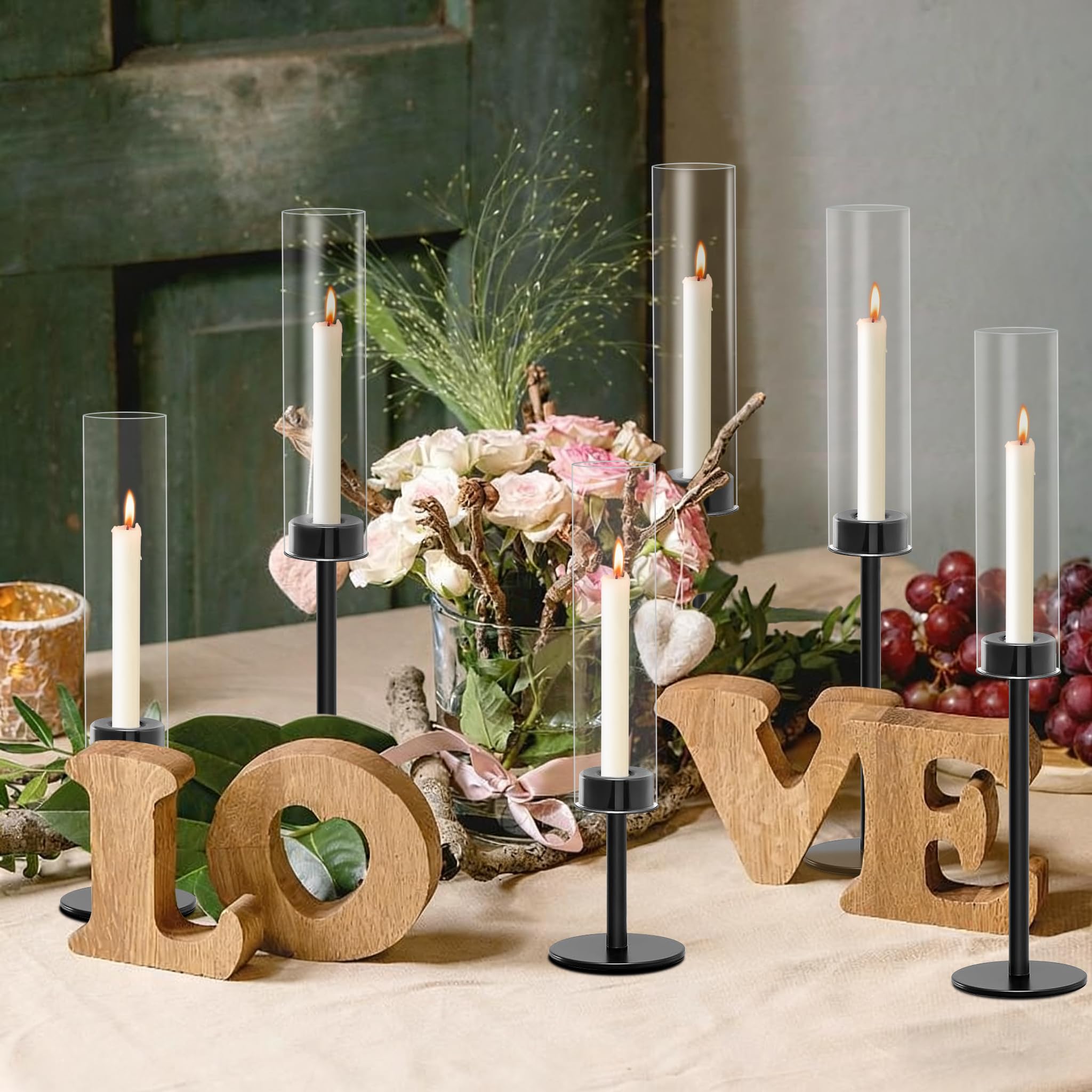 6 Black Candle Holders Set - Modern Candlestick Holders for Dining Room Decor, Candle Stick Holder Set for Weddings, Centerpiece