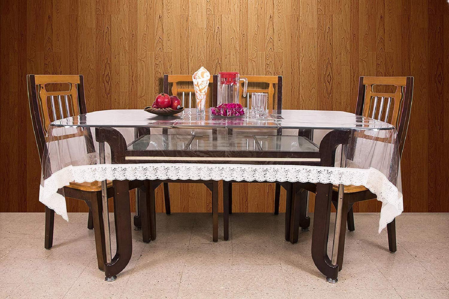 Kuber Industries 6 Seater Dining Table Cover|Stone Design & Water Proof, White Lace, Size 228 x 152 CM (Transparent),Polyvinyl C