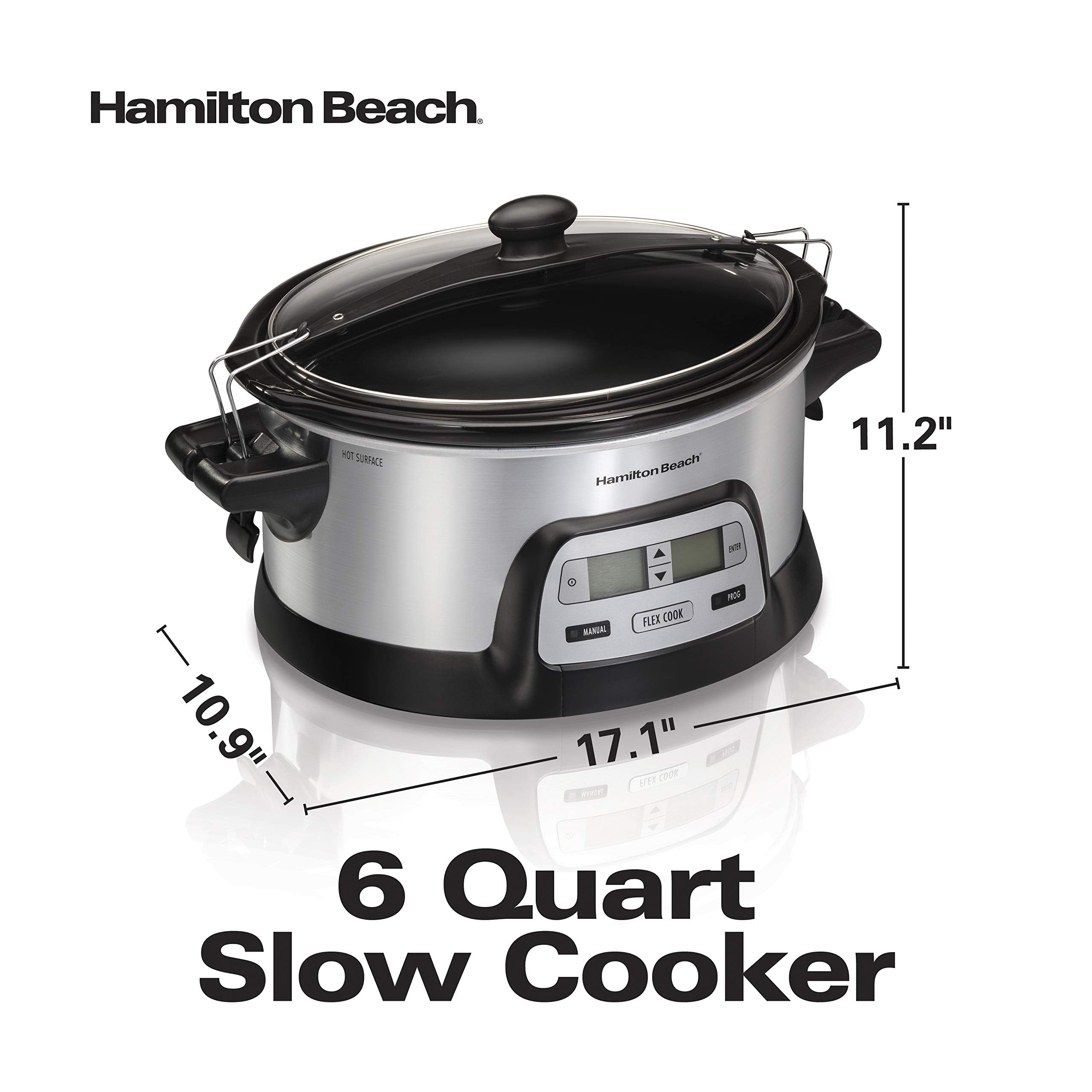 Hamilton Beach 33861 Portable Programmable Slow Cooker, Dishwasher Safe Crock, 6 Qt, Flexcook Dual Digital Timer/2 Heat Settings