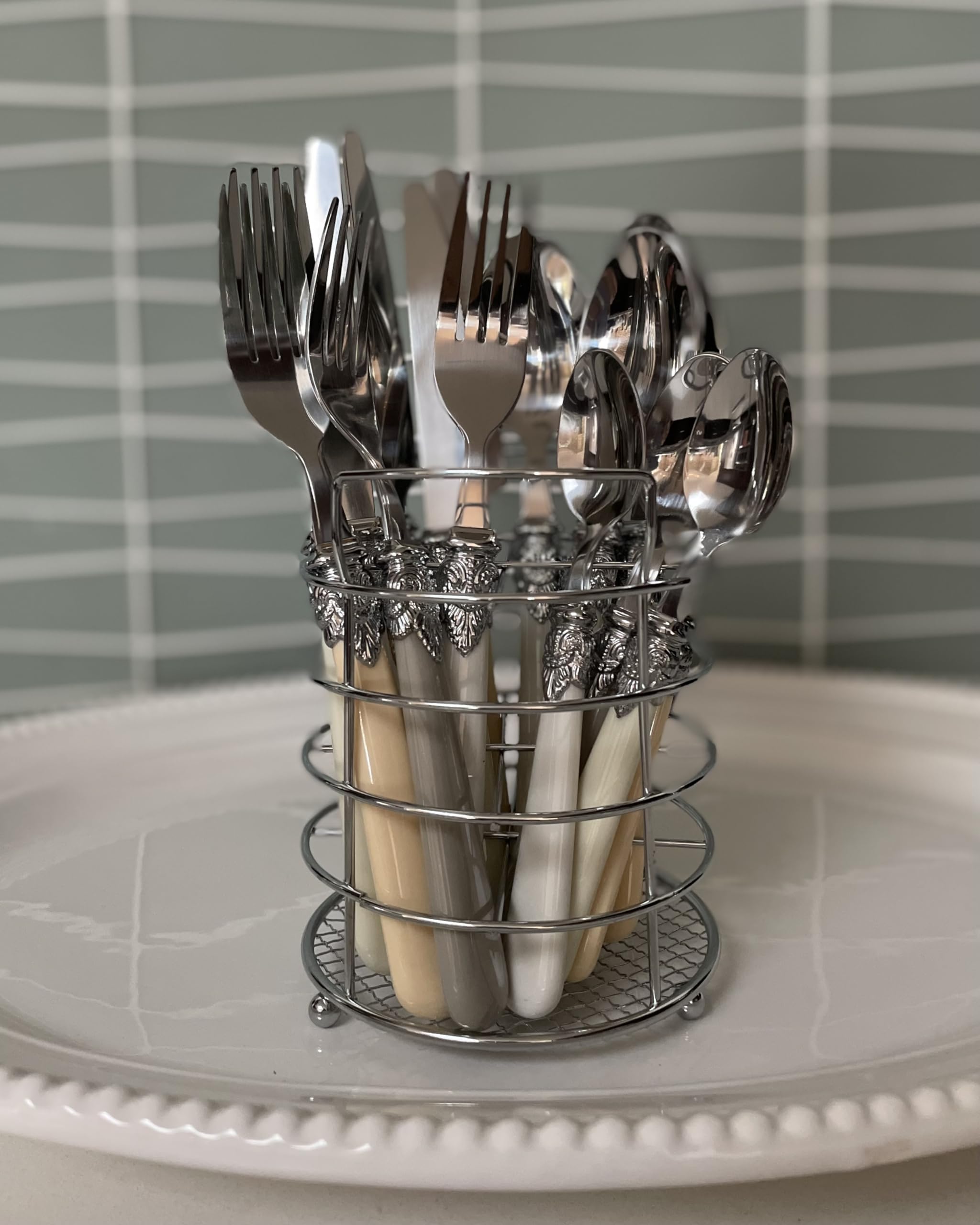 The Original Brink House Baroque Bone Mix & Match Stainless Steel Cutlery Set With Assorted Handles / 16 Pieces With Metal Stand