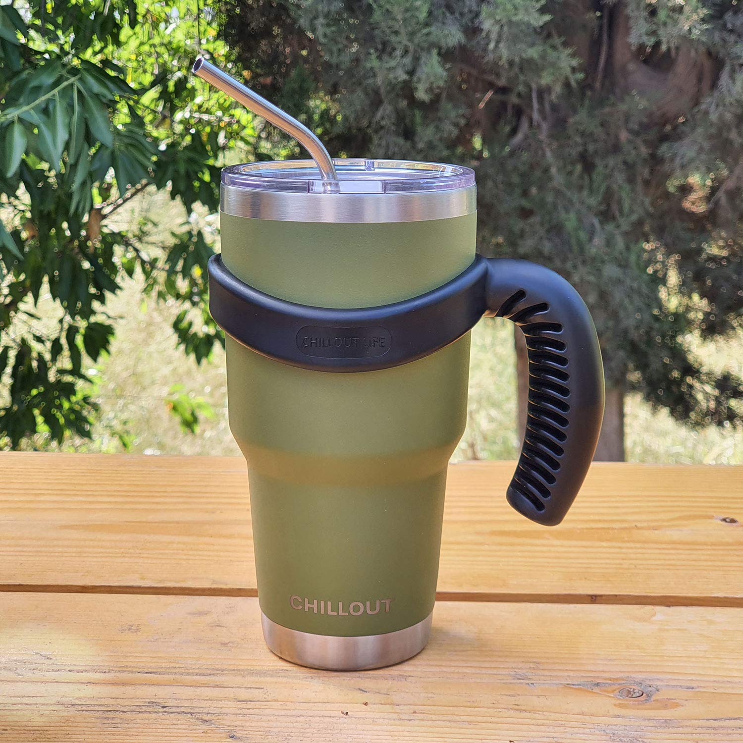 Chillout Life Stainless Steel 30 Oz Travel Mug - 6 Piece Set Tumbler With Handle, Straw, Cleaning Brush & 2 Lids. Double Wall In