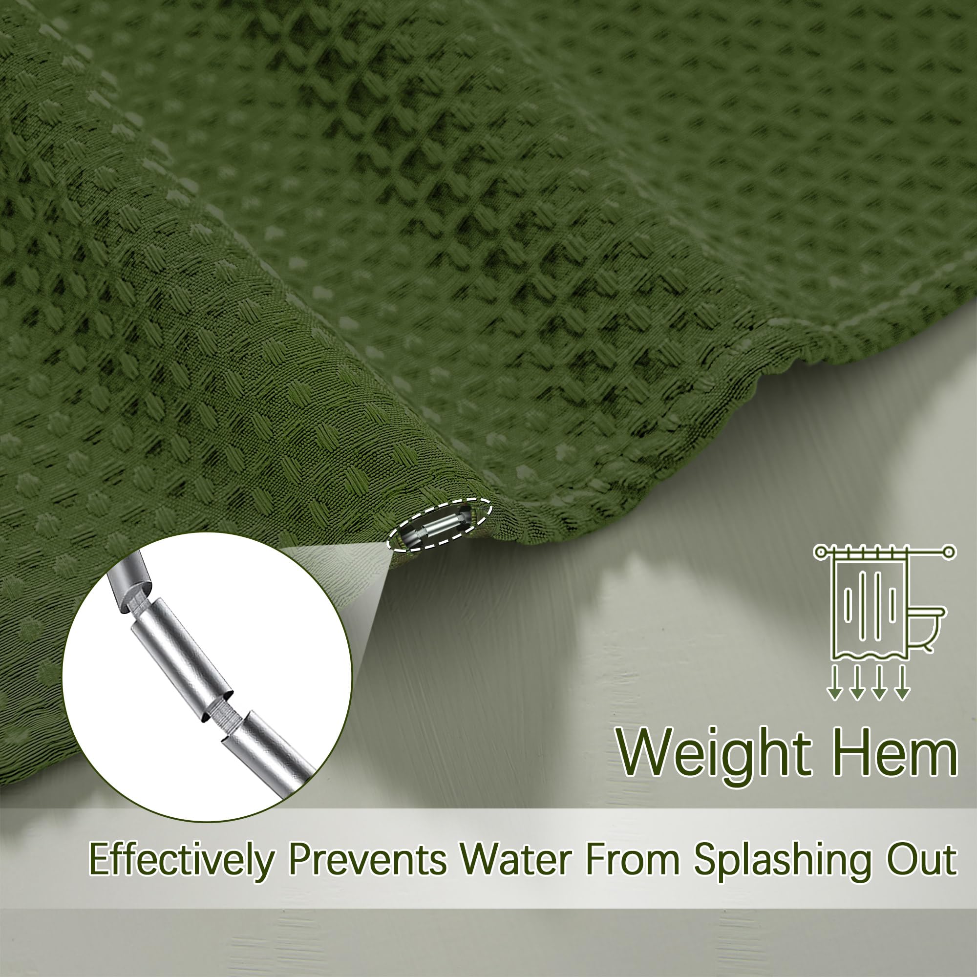 Pangsinne Extra Long Green Bathroom Decor Waffle Shower Curtain 96 Inches 256Gsm Heavy Duty Shower Curtain Set, Hotel Quality Wa