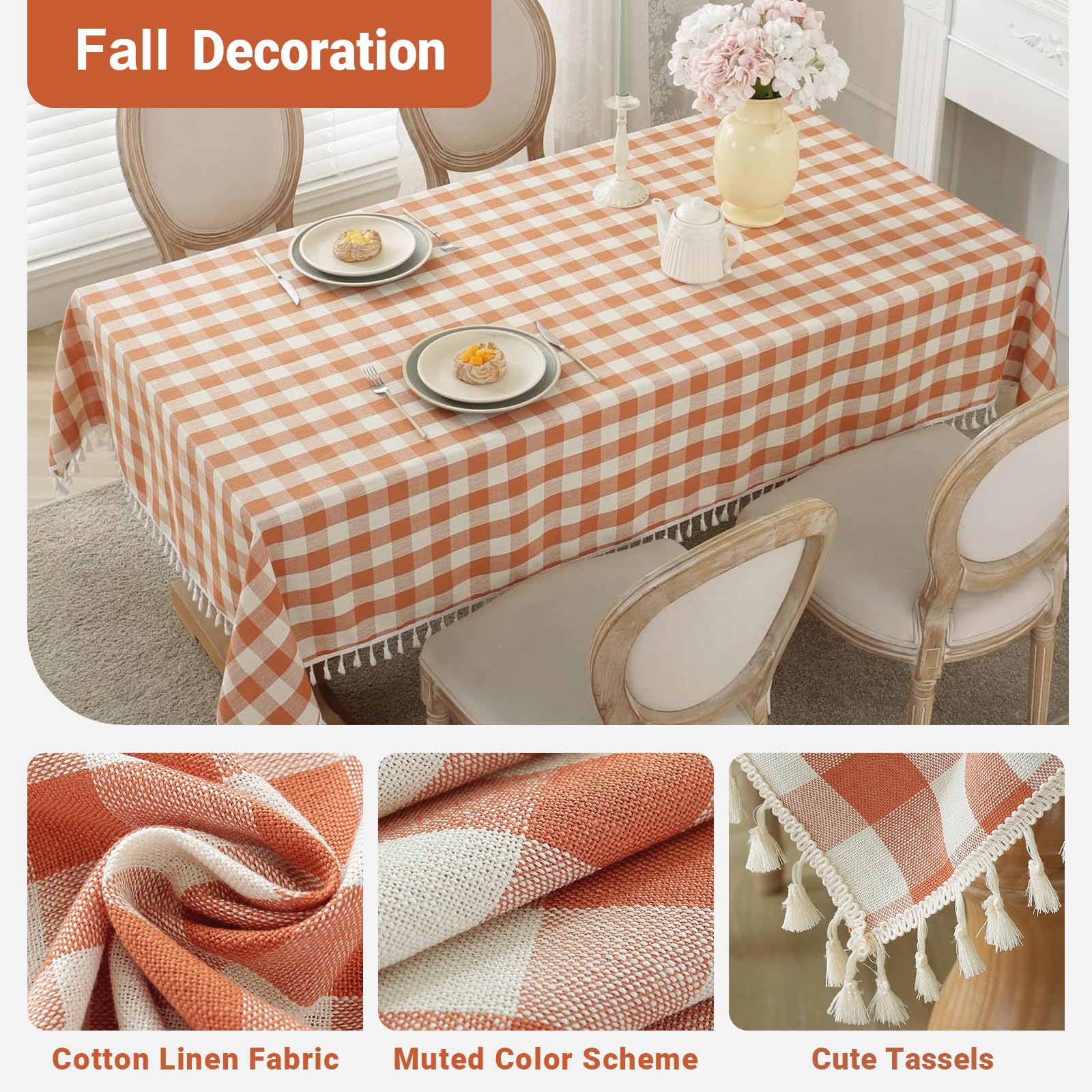 Laolitou Checkered Fall Tablecloth Rectangle Washable Buffalo Plaid Table Cloth with Tassel Cotton Linen Gingham Thanksgiving Ta