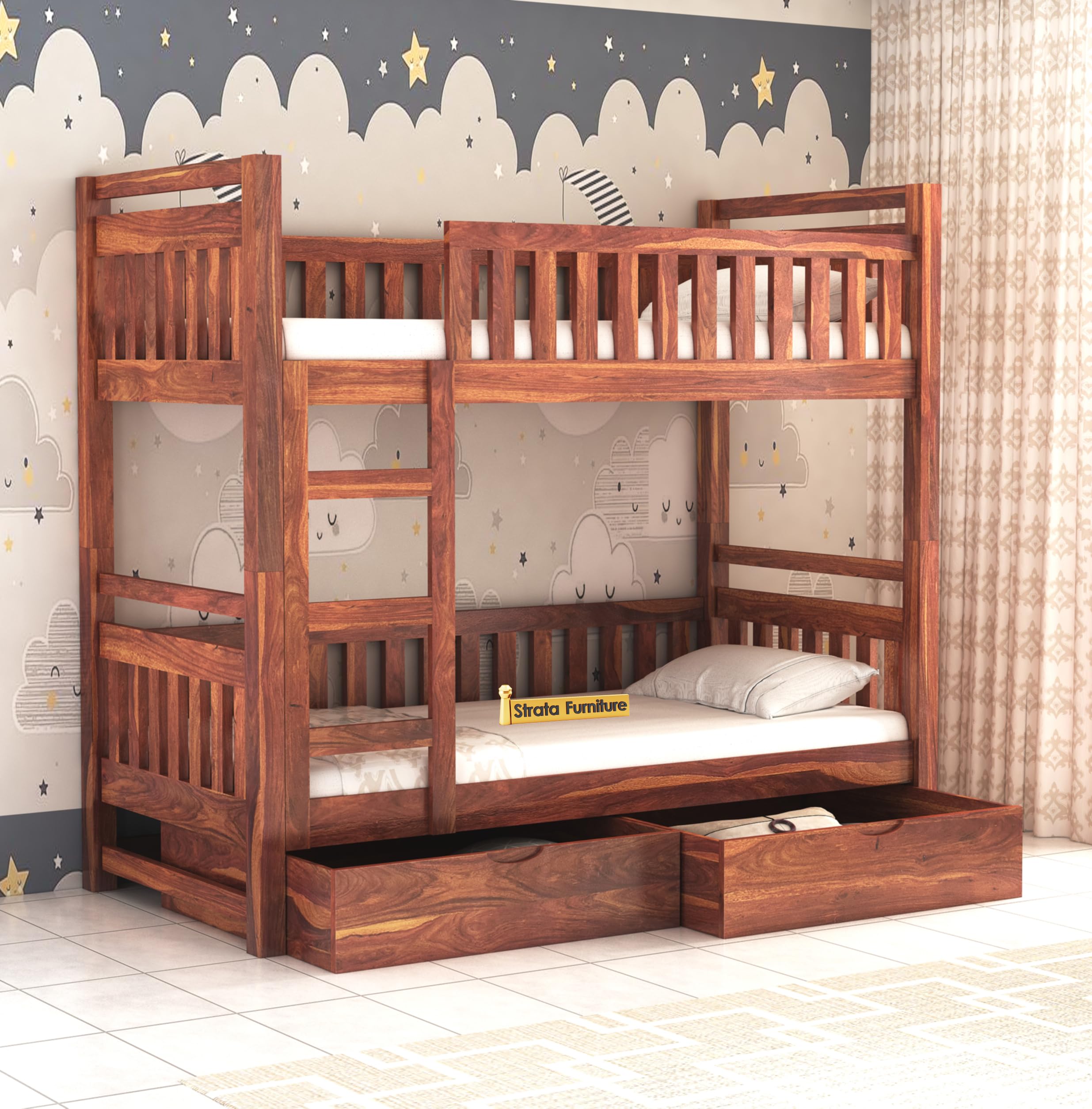 Strata Furniture Sheesham Wood Bunk Bed With 2 Drawer Storage Wooden Double Bed Bed Furniture For Bedroom Living Room Home (Hone