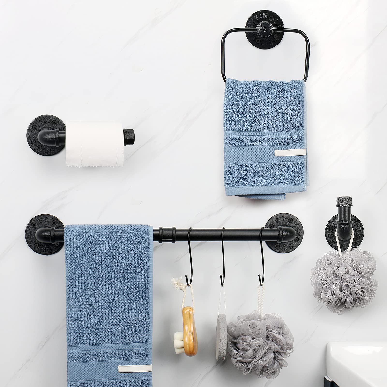 Jeasor 4-Pieces Industrial Pipe Bathroom Towel Ring Kit Diy Wall Mount Accessories Kit Includes Robe Hook Towel Bar And Towel Ri