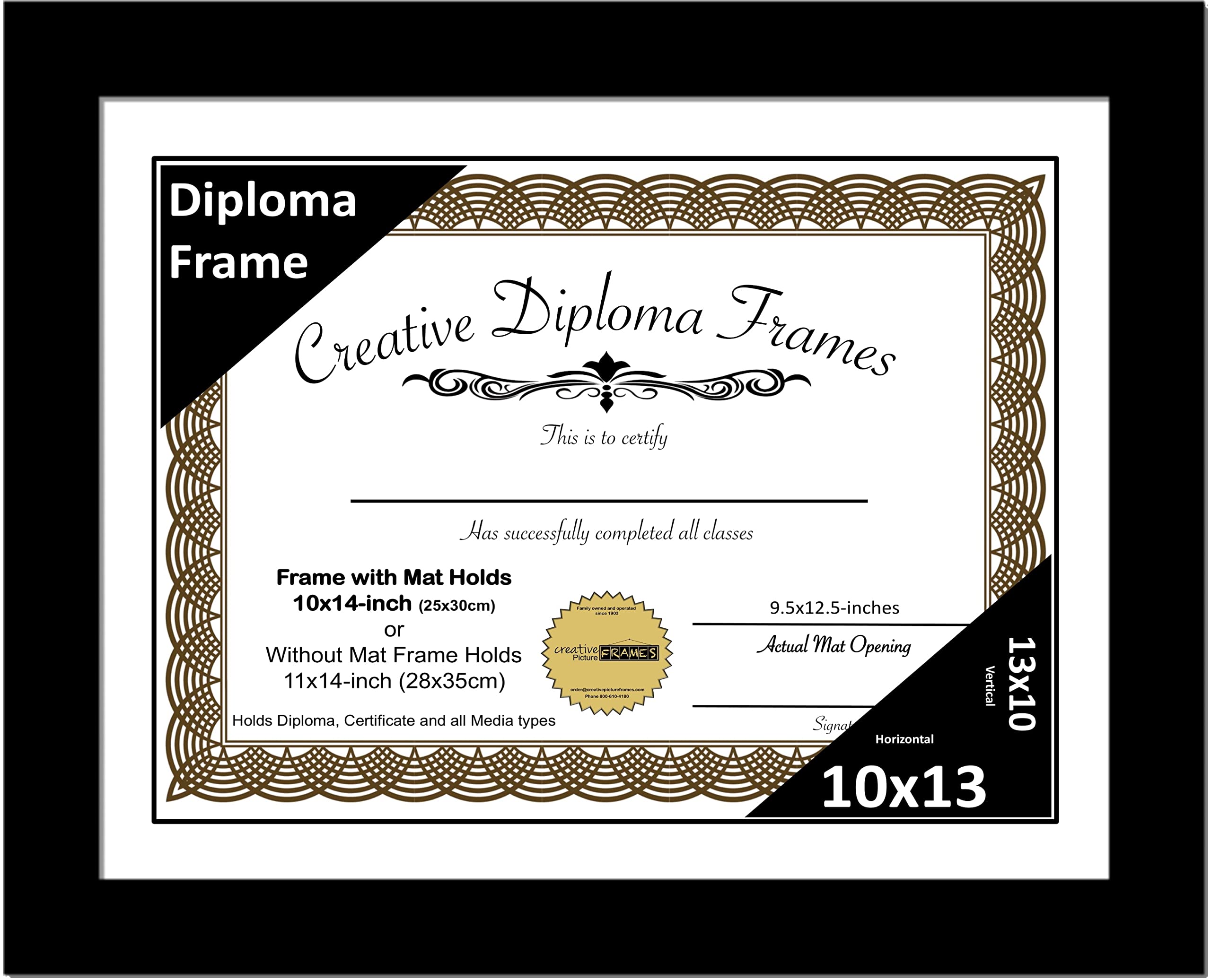 Creative Picture Frames 10x13 Classic Black Diploma Frame with White Mat Glass Easel and Installed Wall Hangers | Frame Holds 11