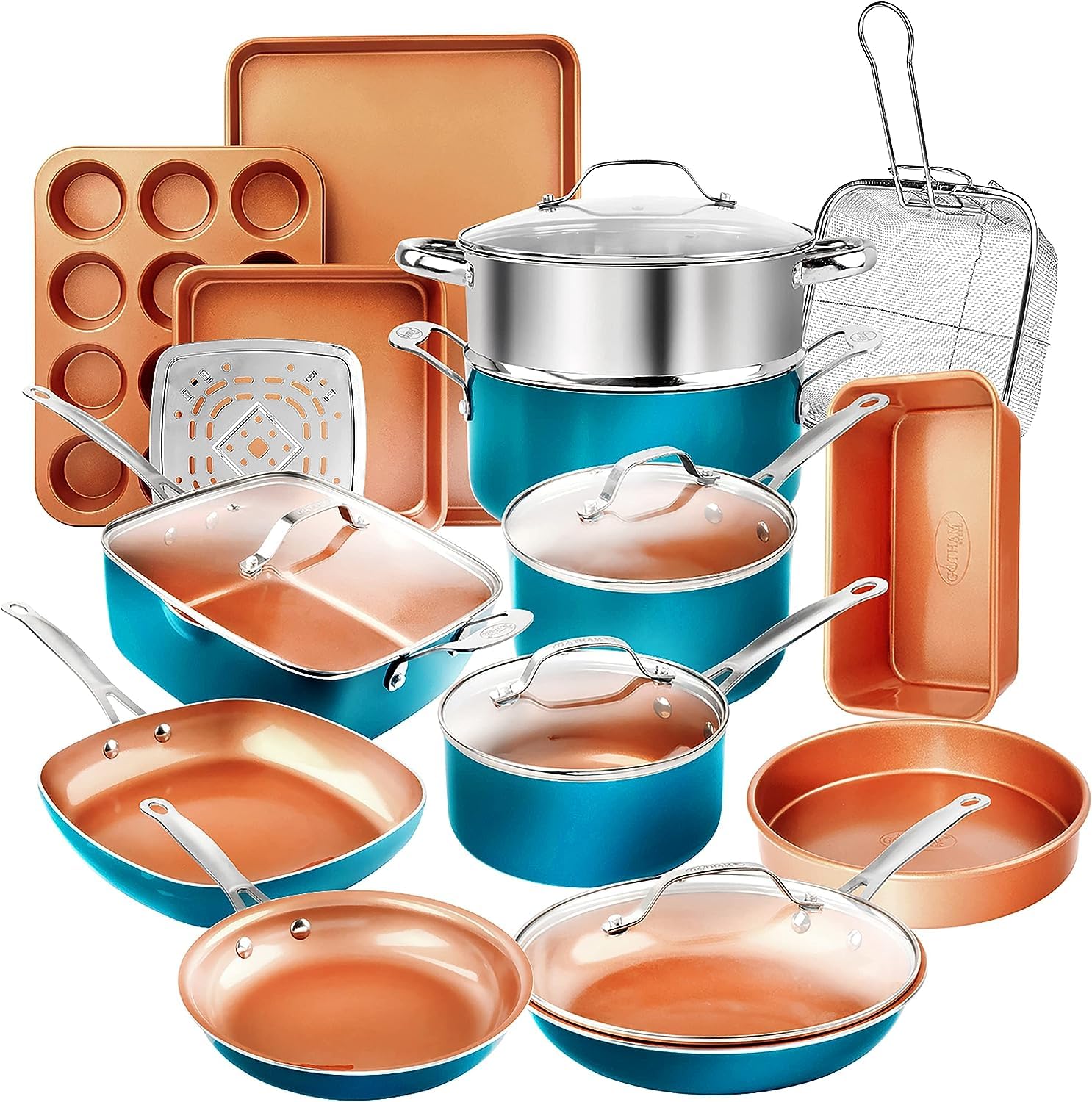 GOTHAM STEEL 20 Piece Copper Pots and Pans Set Nonstick Cookware Set + Complete Ceramic Bakeware Set for Kitchen with Long Lasti