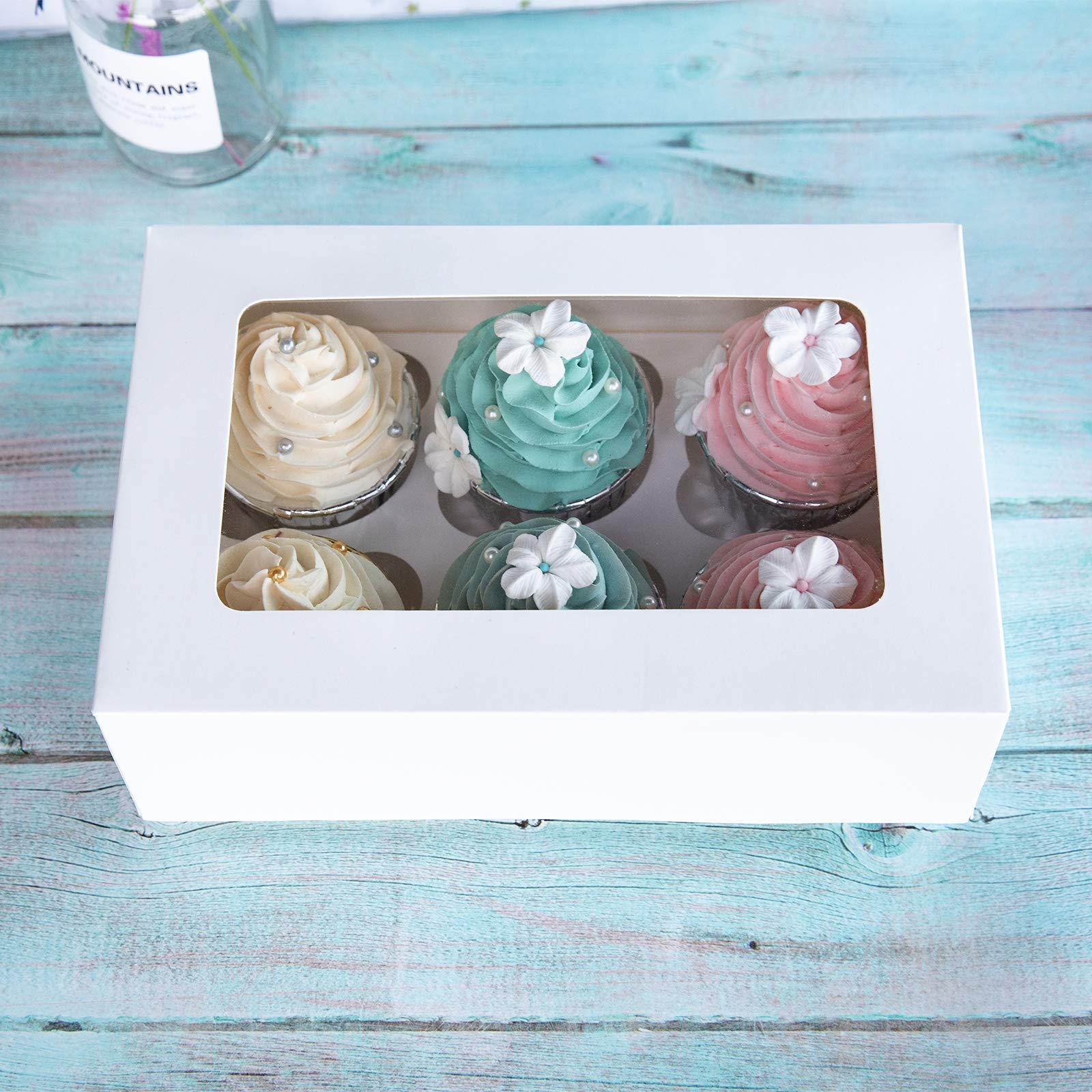 One More Cupcake Boxes With Inserts 6 Holders,9.5X6.3X3Inch Large White Standard Bakery Boxes With Window Food Grade Cake Carrie