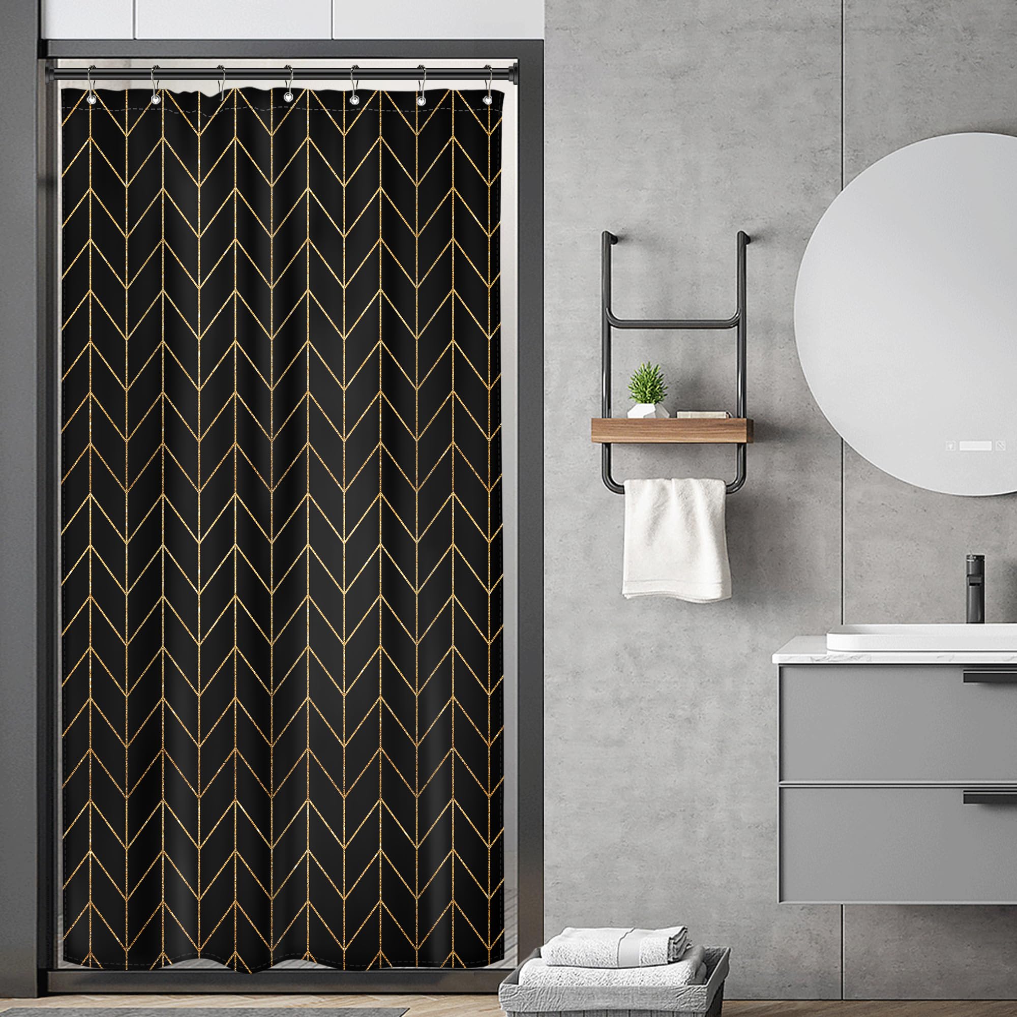 Riyidecor Small Stall Golden Black Chevron Shower Curtain Abstract Boho Herringbone Geometric Simple Striped Minimalist Modern 3