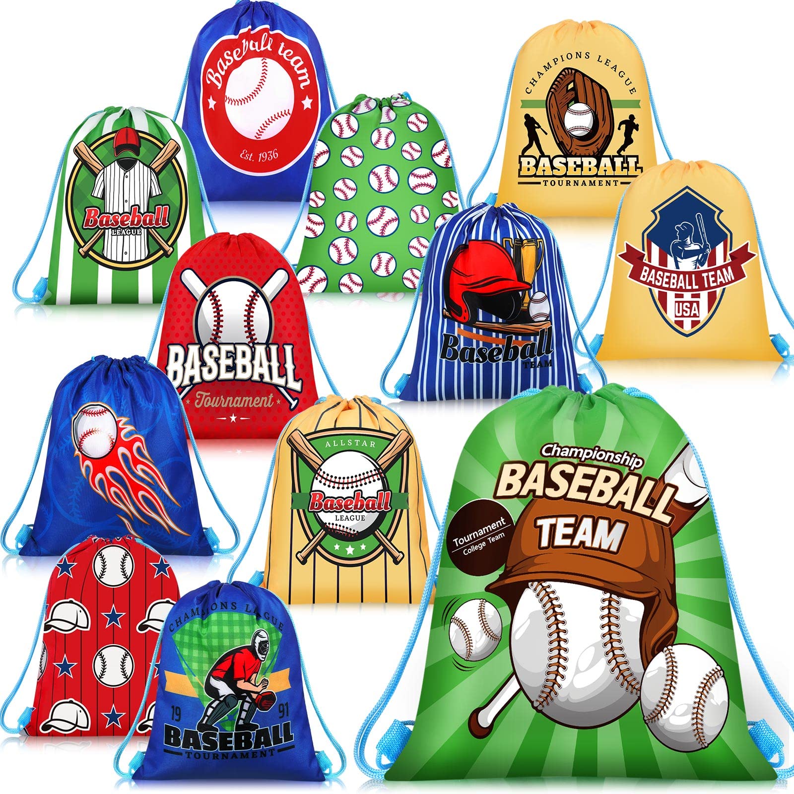 12 Pieces Baseball Party Favor Sports Drawstring Present Bags Travel Baseball Goodie Bags 12 Styles Backpack Baseball Candy Bags