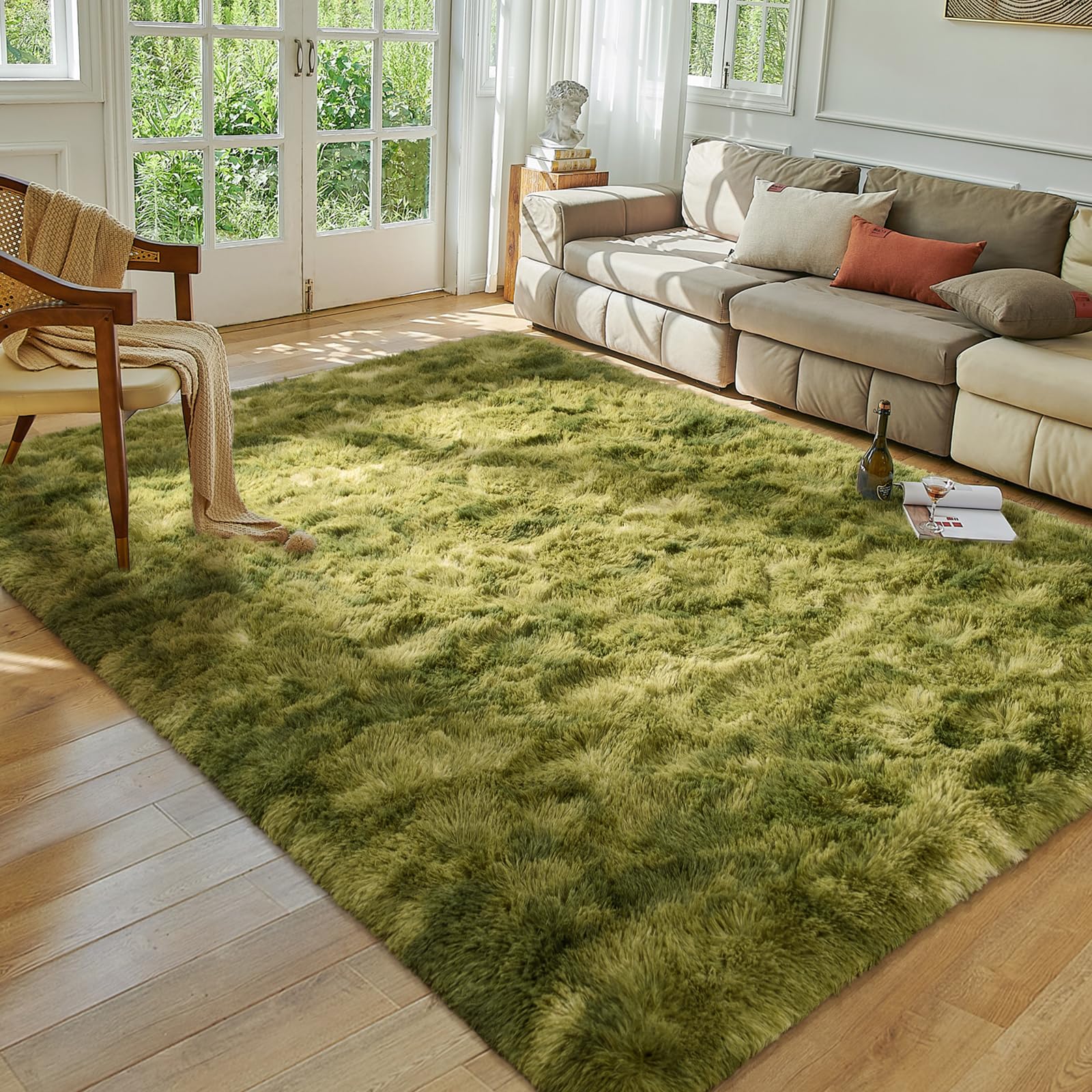 Softlife Area Rug for Living Room, 6x9 Feet Plush Fluffy Rug for Bedroom, Tie-Dyed Green Furry Shag Rug for Aesthetic Christmas 