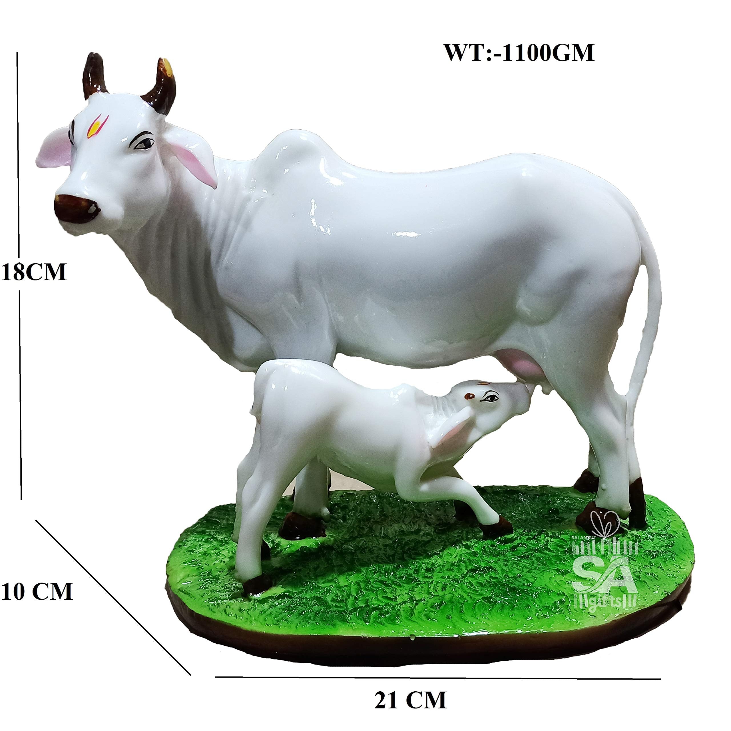 S A Gifts Sai Amrut Handicraft Decorative Polystone Cow And Calf Big Statue/Idol For Gift Home Decor 7 Inch (Marble Cow), White