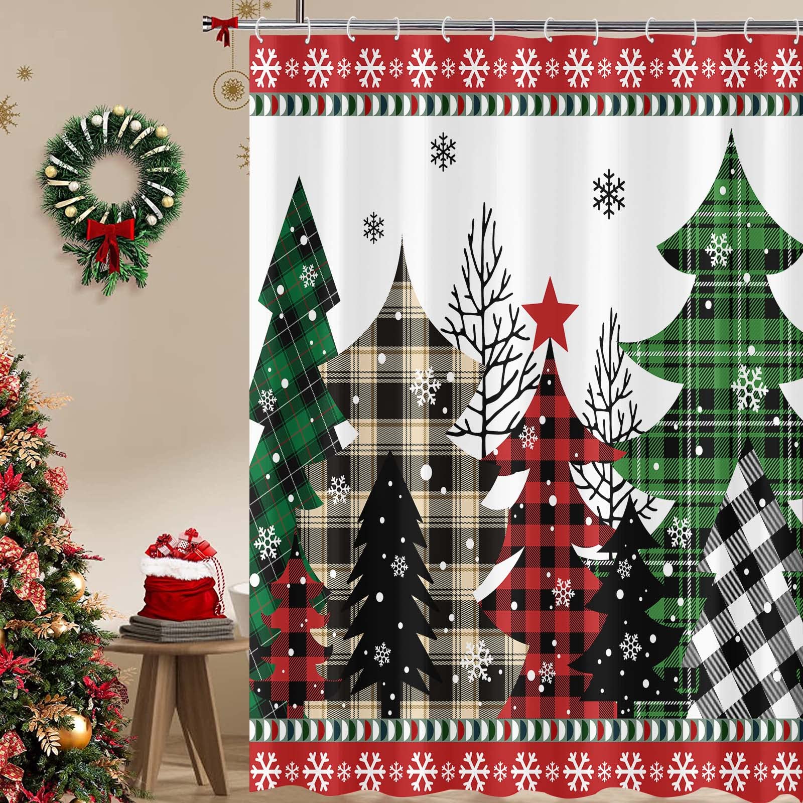 Zussun Christmas Shower Curtain Red And Green Buffalo Plaid Tree Winter Snowflake Waterproof Fabric Shower Curtains For Bathroom