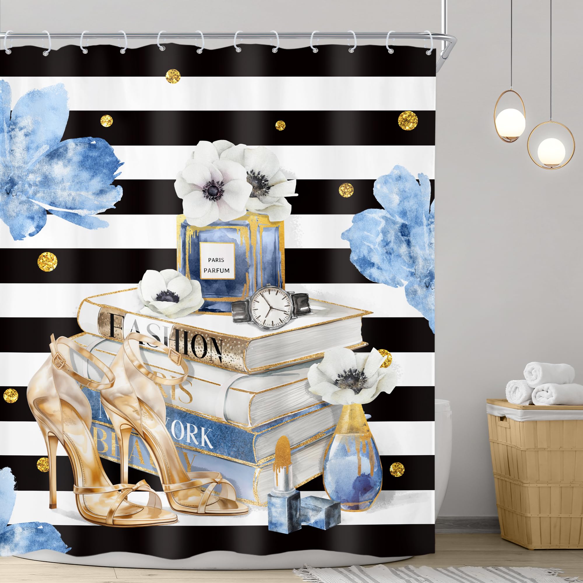 Riyidecor Fashion Shower Curtain 60Wx72H Inch Black White Stripes Blue Gold Floral Modern Magazine Book Perfume High Heels Girls