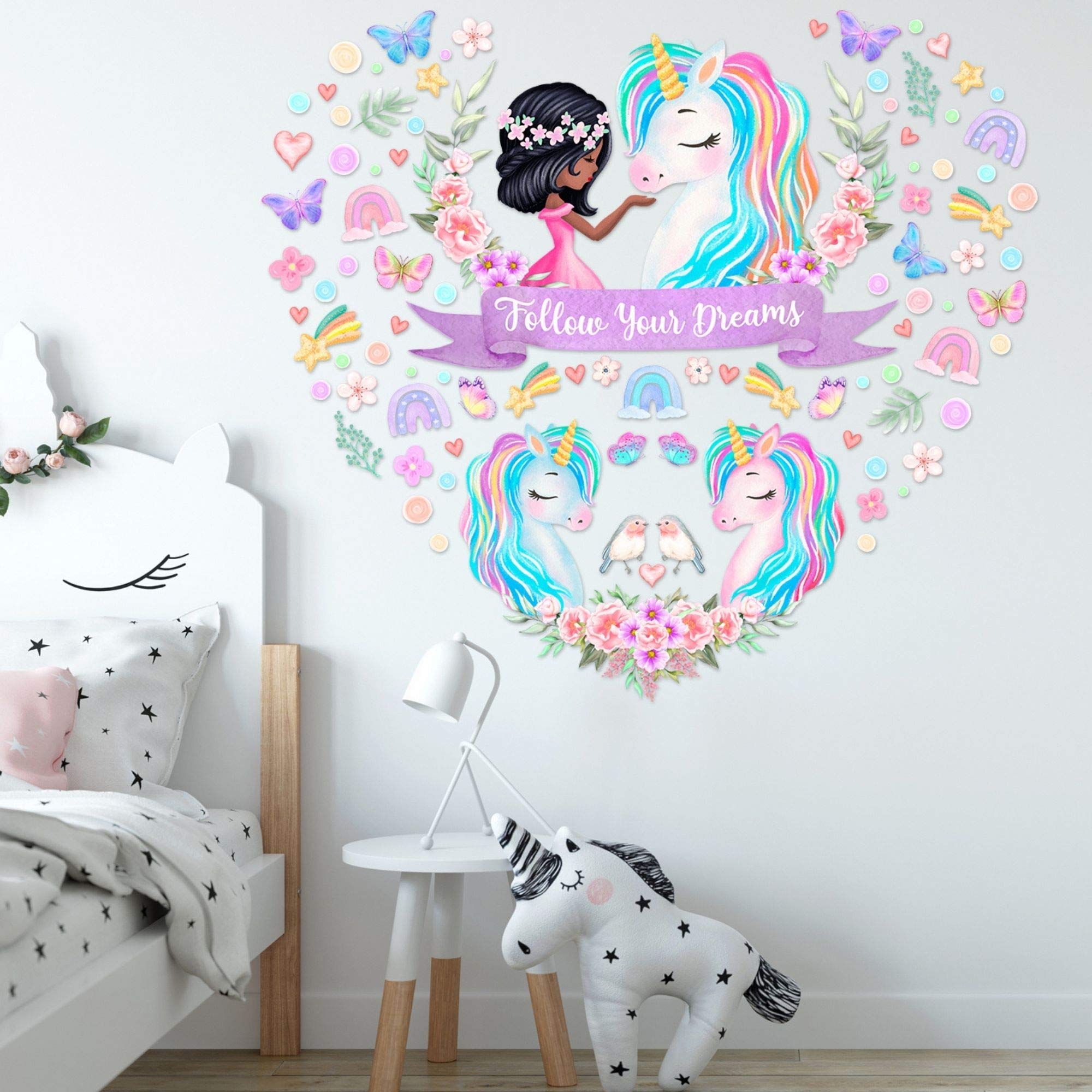 4 Sheet Large Unicorn Wall Decals for Girls Bedroom Unicorn Wall Decor Unicorn Wall Stickers Birthday Gifts Unicorn Bedroom Decor for Girls Rainbow Wall Decal Black Girls Kids Nursery Room Decor