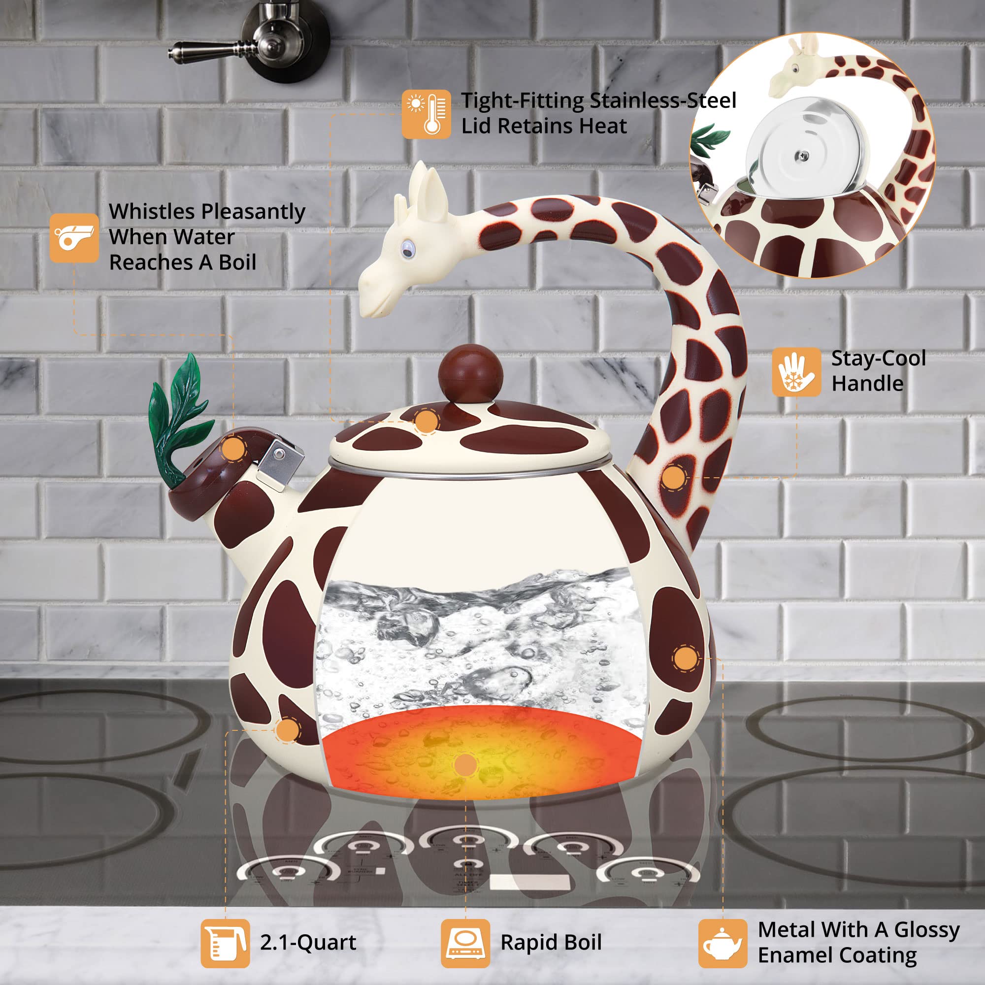 Upware Enamel On Steel Whistling Tea Kettle, Stovetop Teakettle (2.1 Quart, Giraffe)