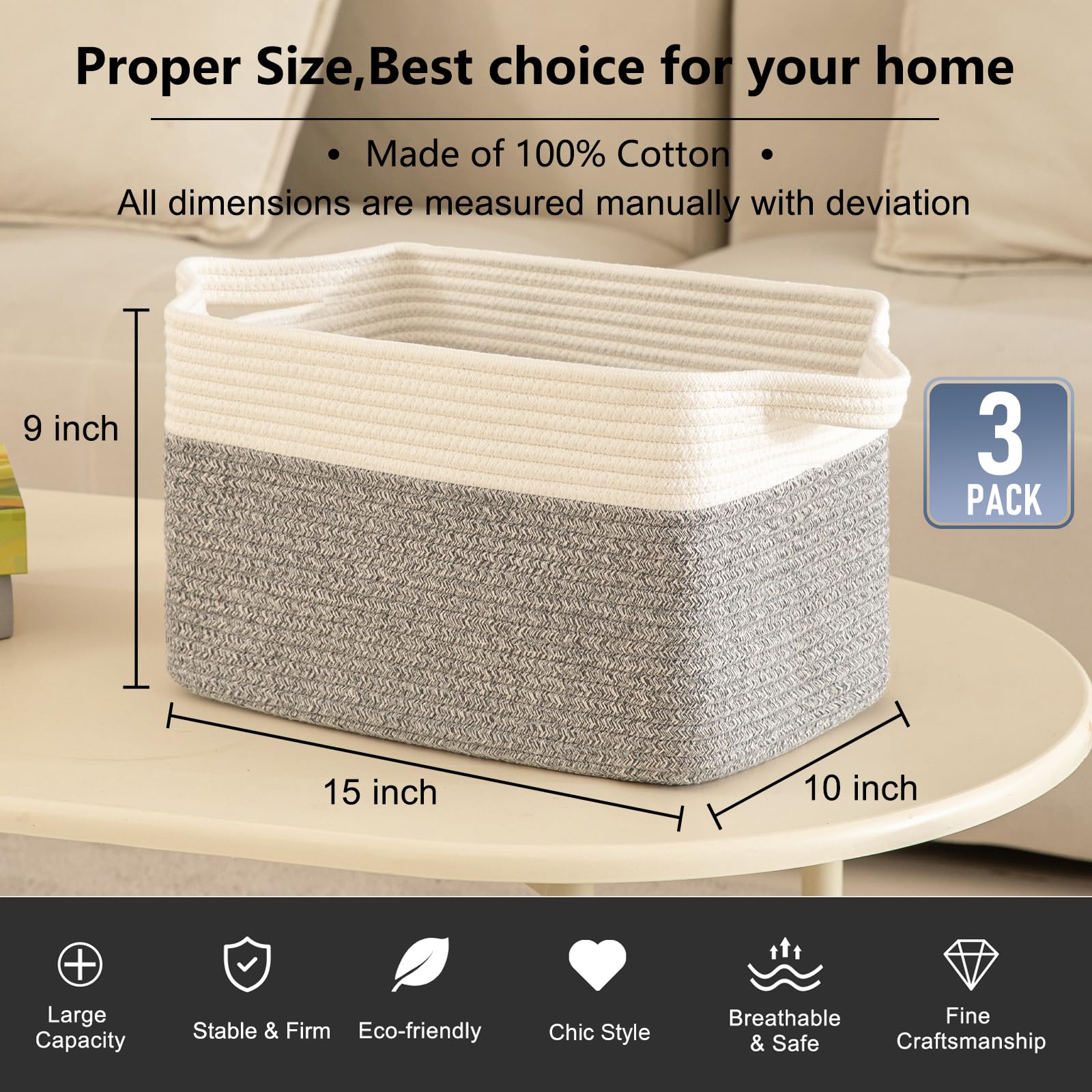 Oiahomy 3 Pack Storage Basket For Organizing, 15''X10''X9'' Storage Bins,Woven Basket Basket With Handles, Toy Storage Basket Bi
