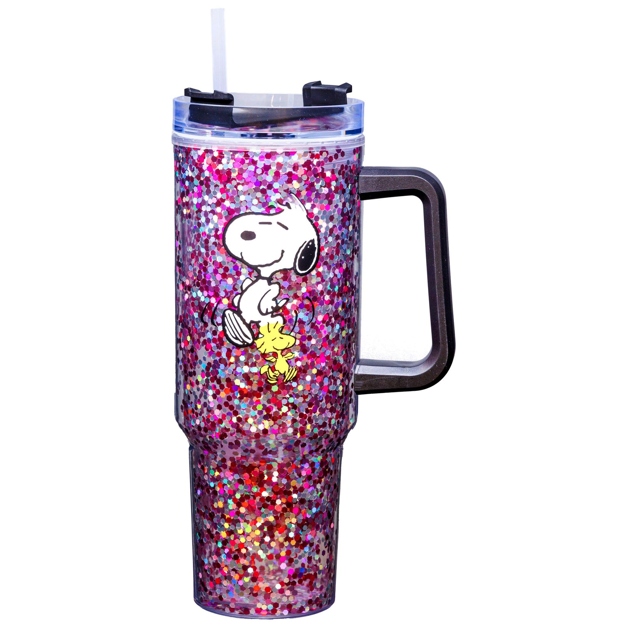 Spoontiques Peanuts 40oz Glitter Acrylic Travel Mug - Double Wall Acrylic with Sliding Lock Travel Lid and Straw - 11 Tall