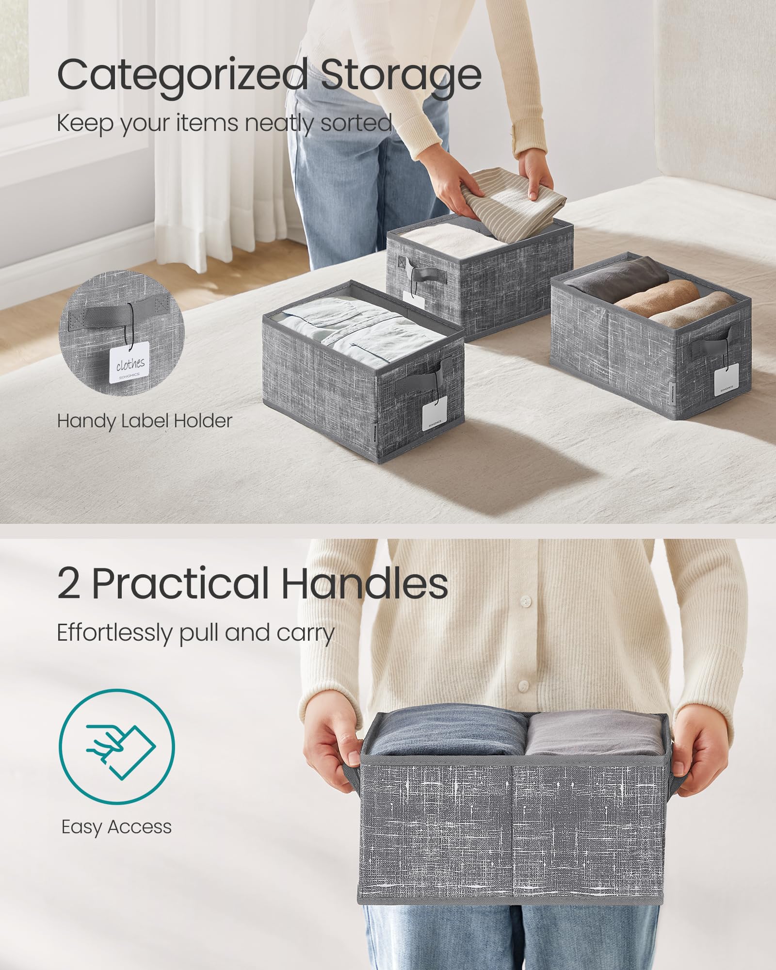 Songmics Storage Baskets, Set Of 3 Fabric Storage Bins, 11.8 X 7.9 X 5.9 Inches, Foldable Closet Organizer For Shelves, 2 Handle