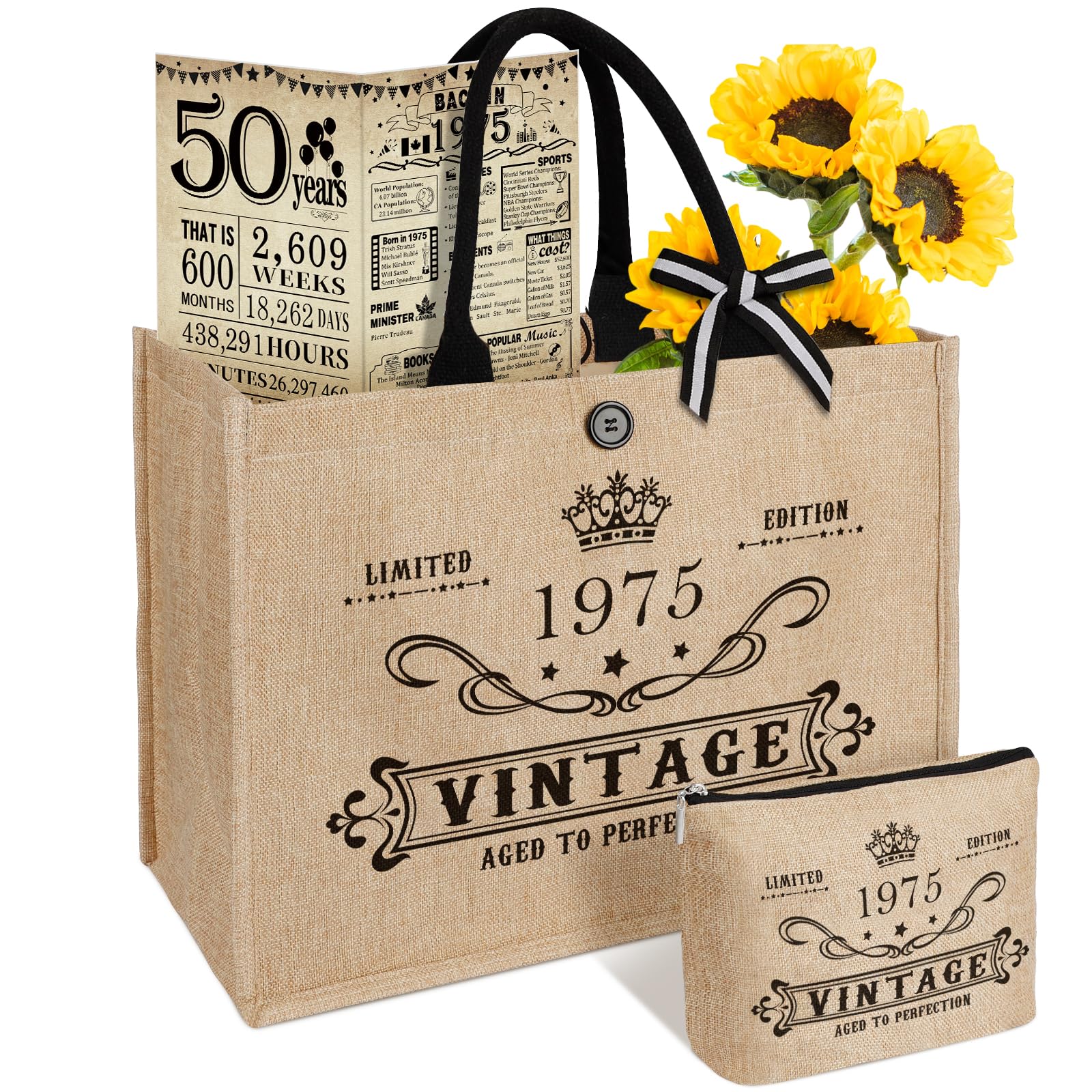 YeohJoy 50th Birthday Gifts for Women Jute Tote Bag, Vintage 1975 Burlap Bag with Cosmetic Bag and Back in 1975 Poster, Unique 5