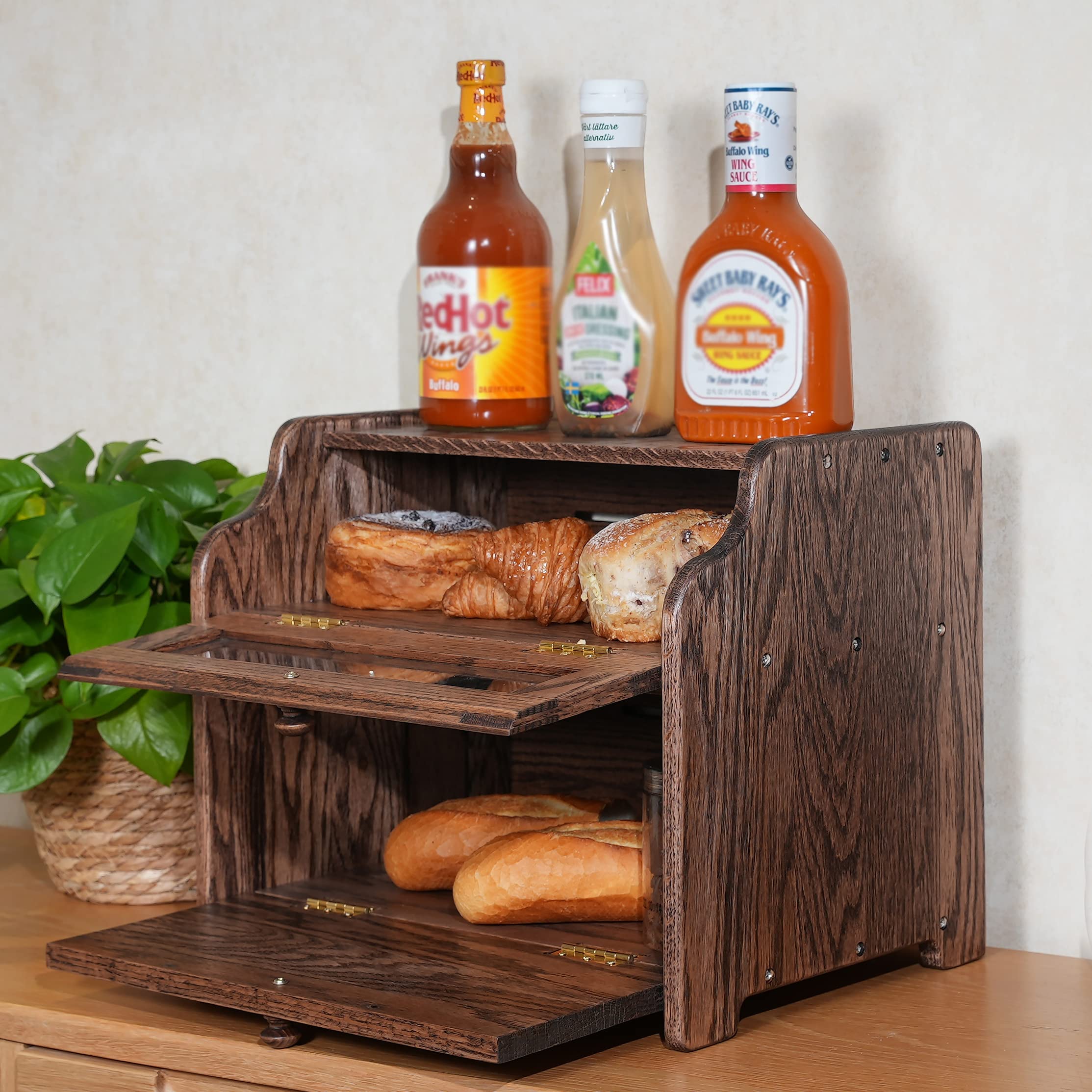Consdan Bread Box, Solid Wood Oak Bread Box For Kitchen Countertop, Double Layer Bread Container For Bread Storage, Large Capaci