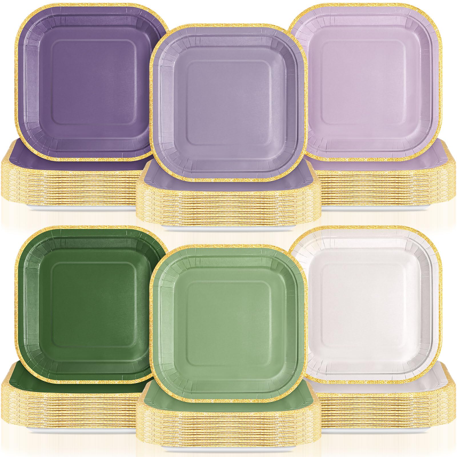 Tiangrid 120 Pcs Sage Green Purple Paper Plates 7 Inch Gradient Disposable Square Dessert Party Plates with Gold Edge for Birthd