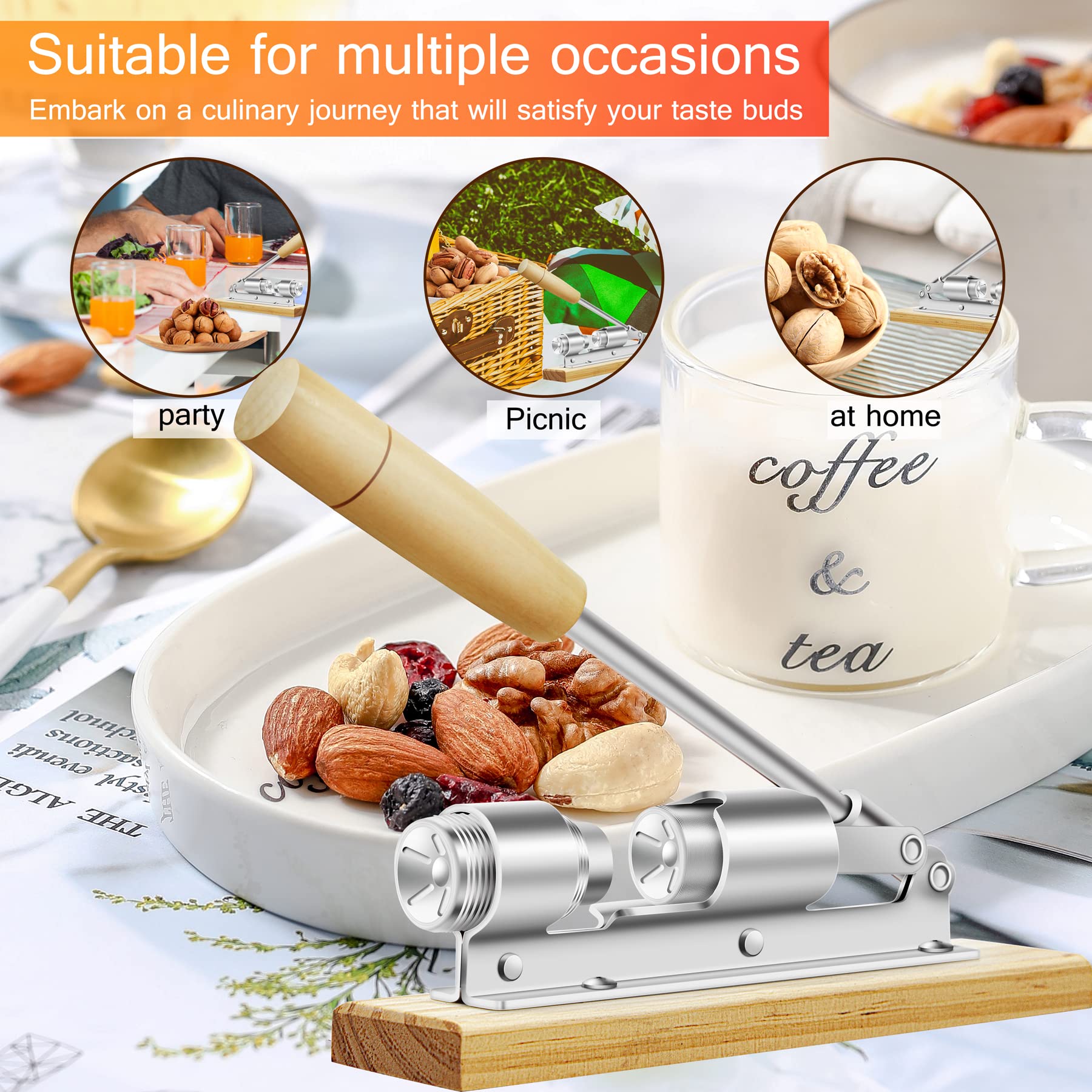 HOFHTD Heavy Duty Nut Cracker - Adjustable Pecan Sheller for Walnuts, Pecans, Hazelnuts, Almonds - Silver Finish