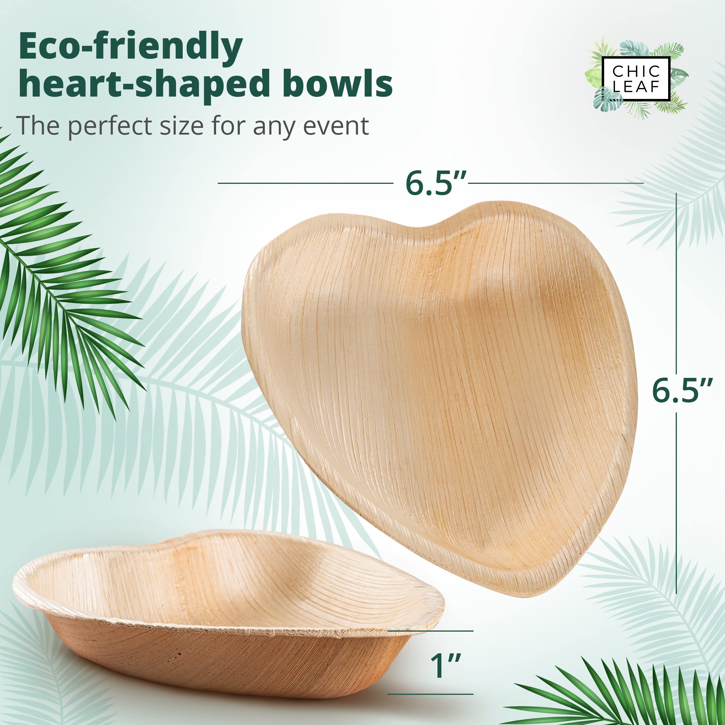 Chic Leaf Palm Leaf Bowls Disposable Bamboo Heart Shaped Bowls 6.5 Inch Heart Dish (50 Heart Bowls) - Compostable Heart Shaped P