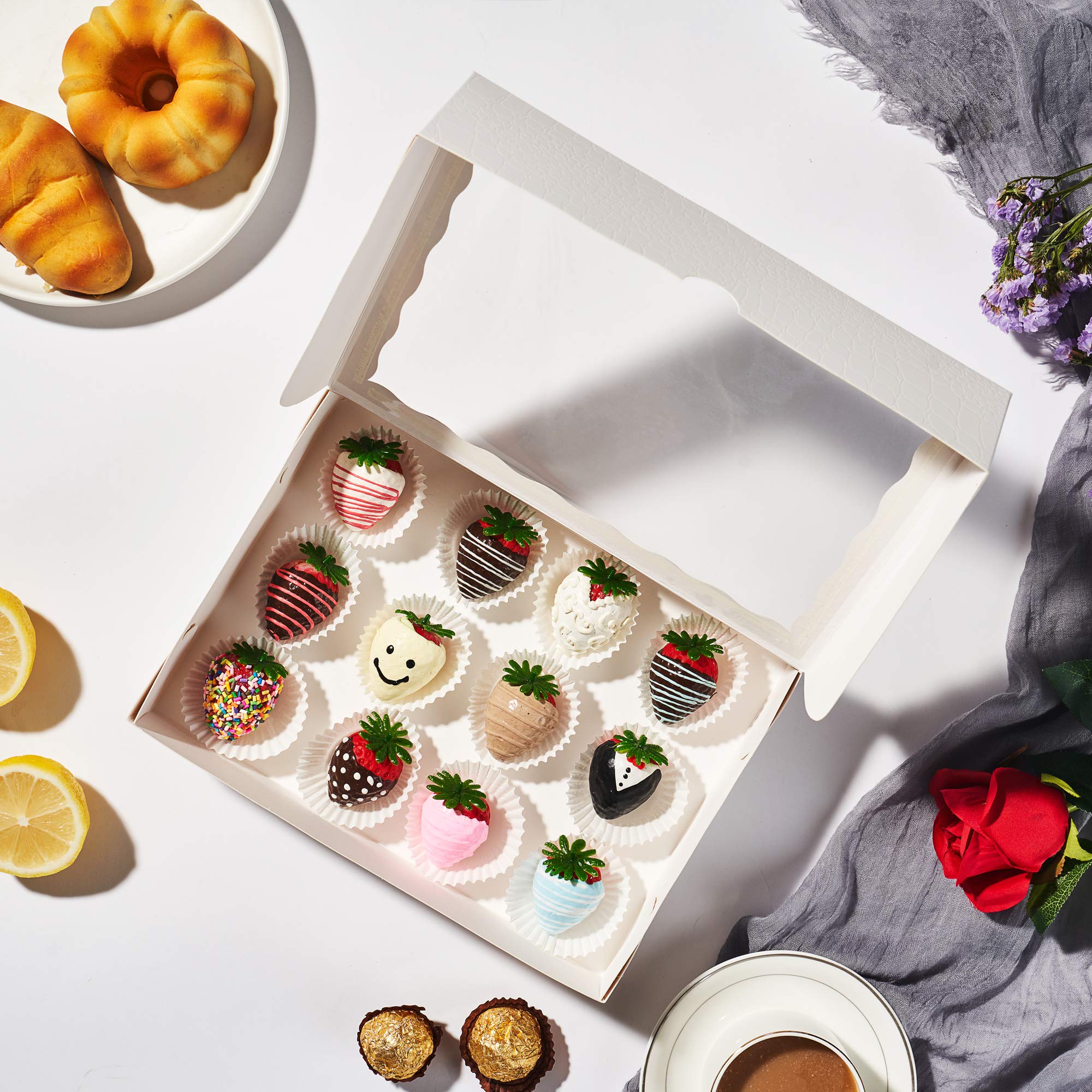 Jcxpack 12Pcs 10 X 7 X 2.5 Inches Premium Fancy White Strawberry Boxes, Cookie Boxes, Elegant White Bakery Box With Display Wind