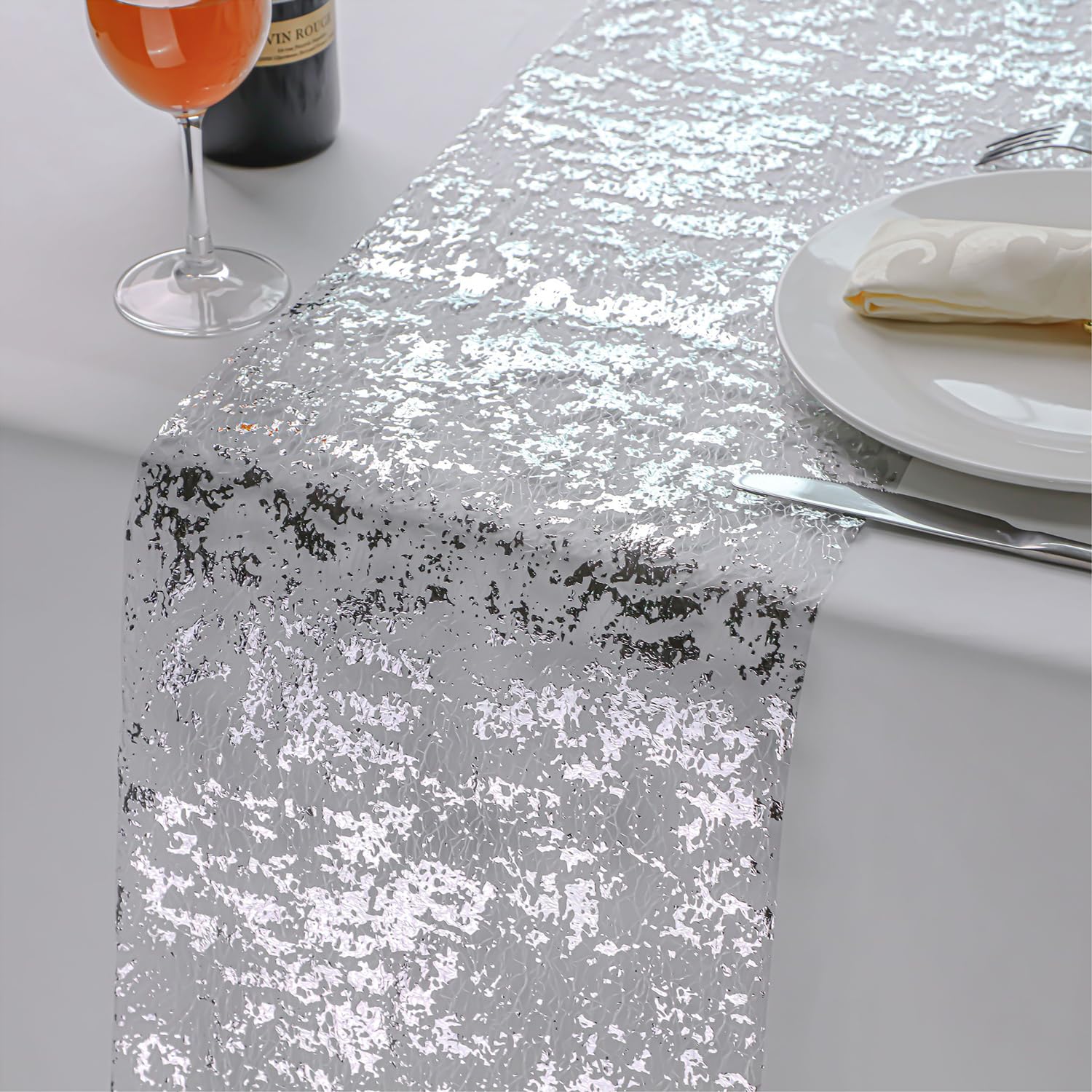 Snowkingdom 2 Pieces Silver Table Runner, Sequin Glitter Foil Metallic Silver Thin Mesh Table Runner Roll 11''X108'', Silver Tab