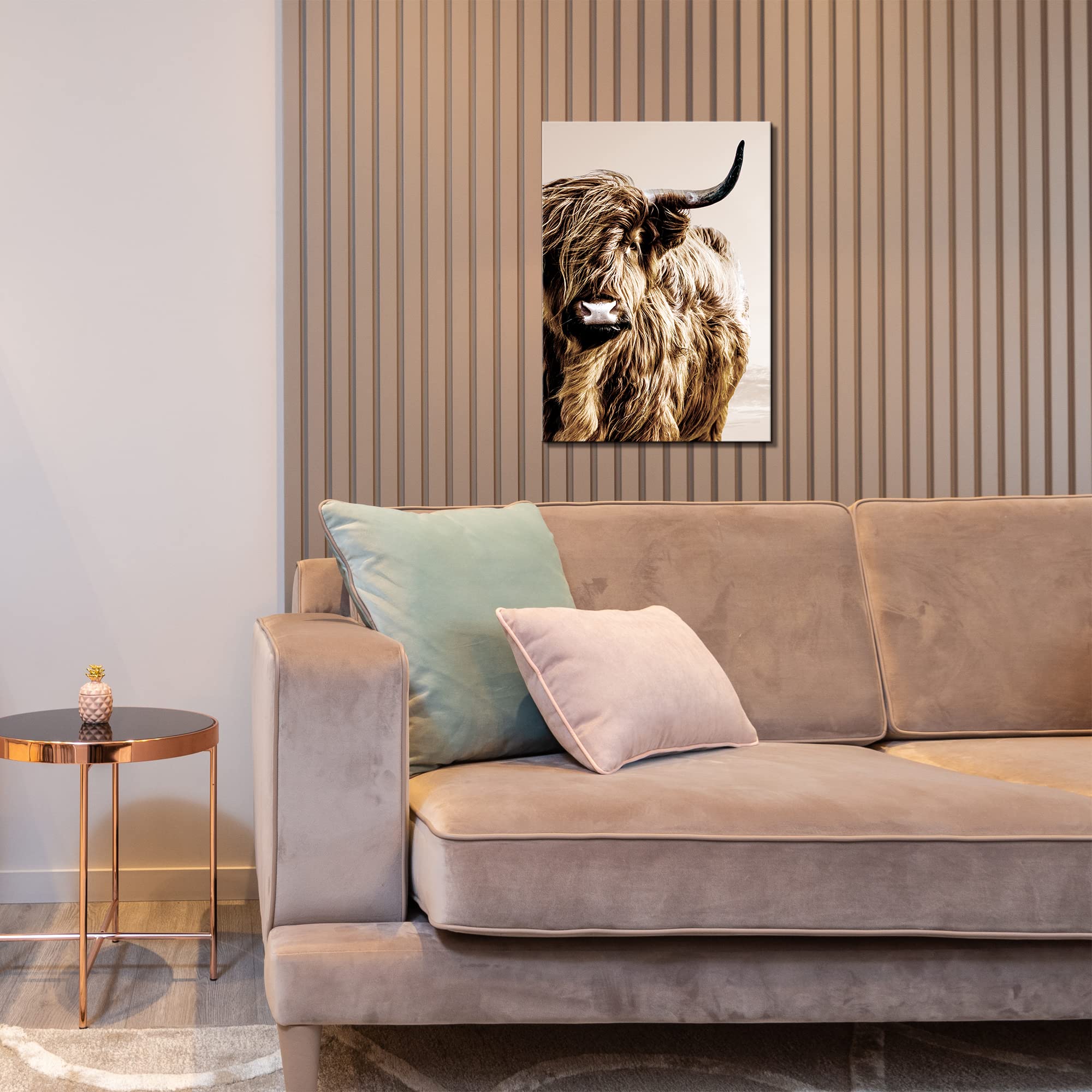 ZNZ Highland Cow Wall Art - Brown Canvas Print, 16L"x12W", Fluffy Cattle Decor for Bedroom, Bathroom, Office, Kitchen