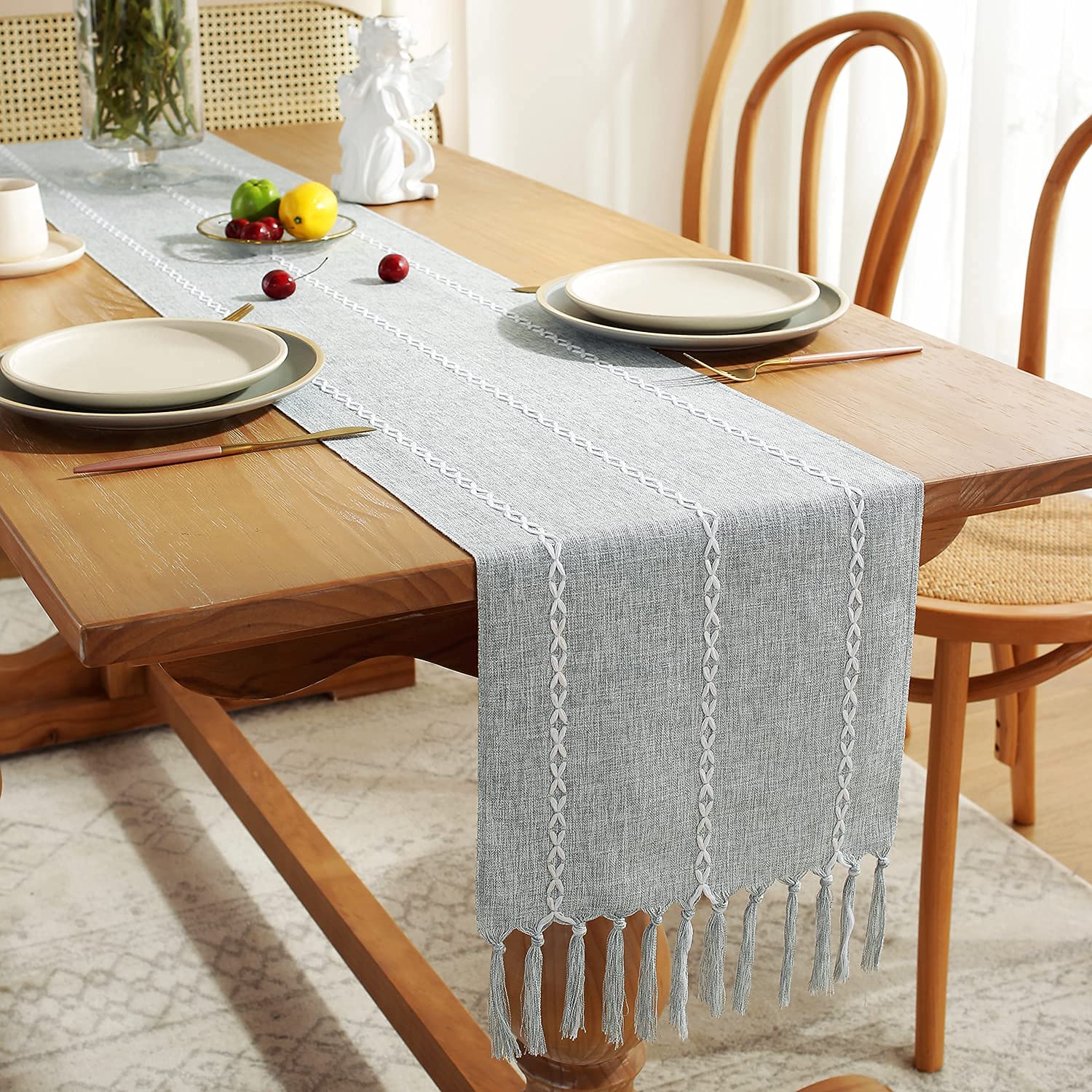 Chassic Rustic Farmhouse Style Linen Table Runner, Boho Handmade Tassel Embroidery Table Runners 90 Inches Long For Holiday Part