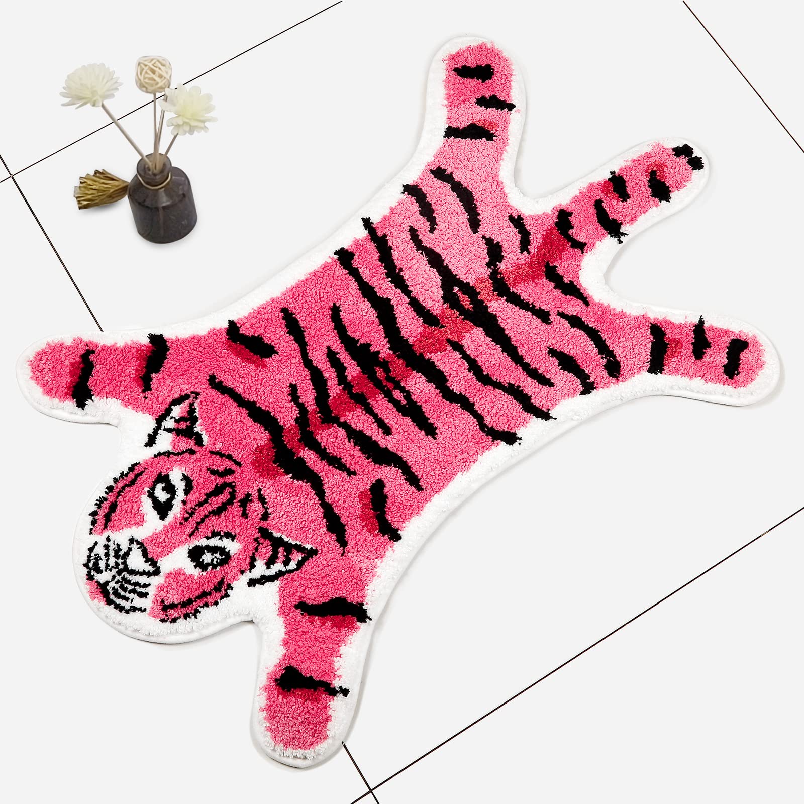 Tiger Shaped Rug Bath Mat Pink Tiger Bathroom Rug Non-Slip Door Mat Animals Printed Area Rug Carpet Small Home Decor Mat Playmat