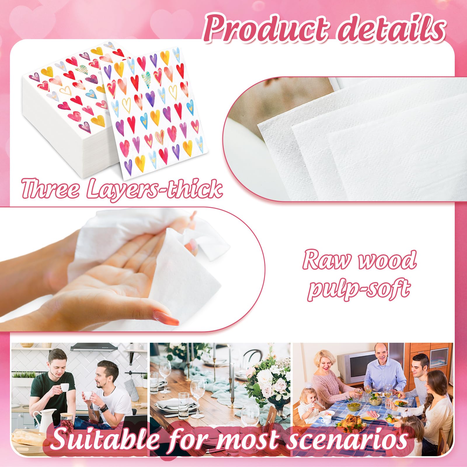 Anydesign 100Pcs Valentine'S Day Paper Napkins Colorful Hearts Disposable Luncheon Napkins Love Hearts Dessert Dinner Hand Napki