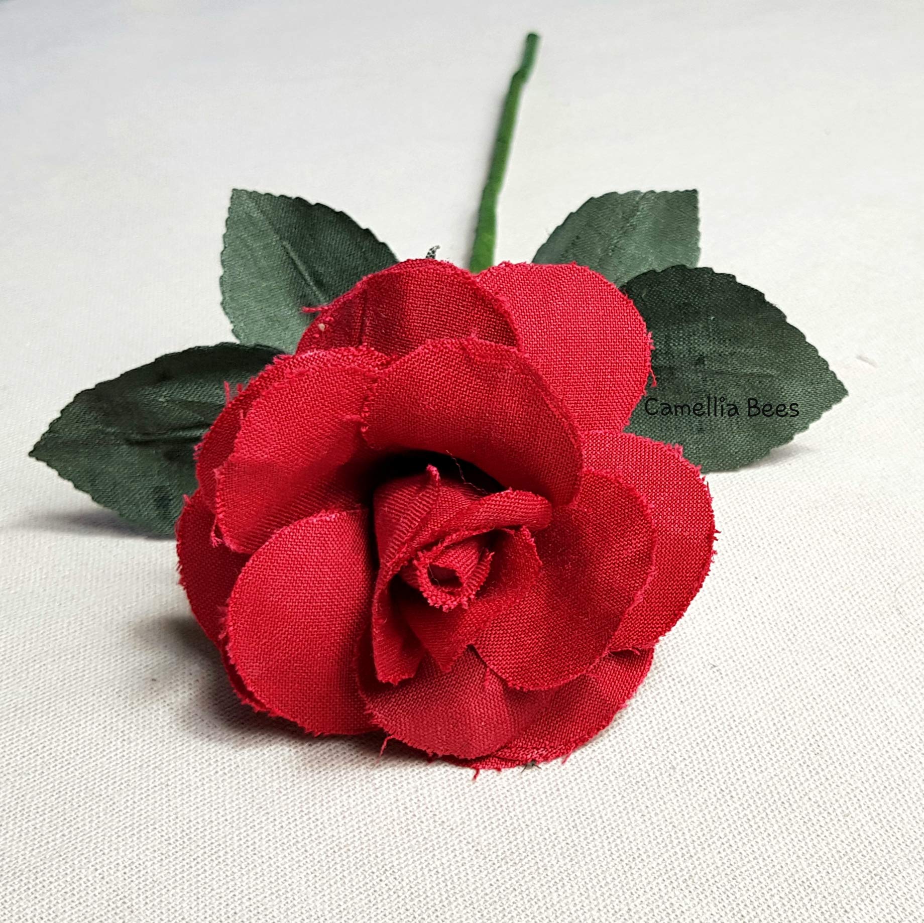 Camellia Bees Cotton Linen Rose Handmade Rose for Wedding Anniversary, Valentines Day, Mothers Day (Red)