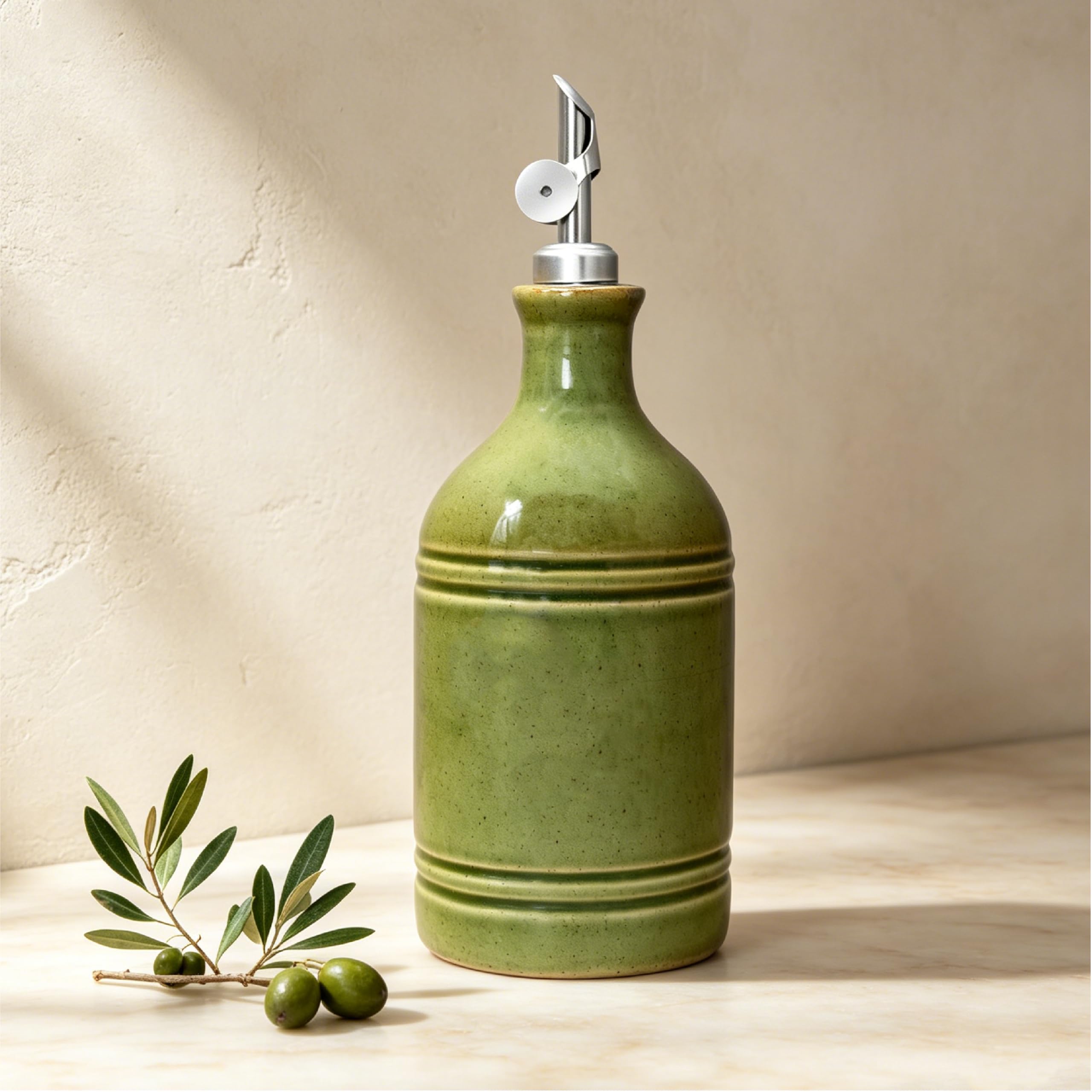 seicasaya 24 oz Ceramic Olive Oil Dispenser Bottle with Stainless Steel Gravity Spout Farmhouse Kitchen Oil Cruet (Green, 1 Pack