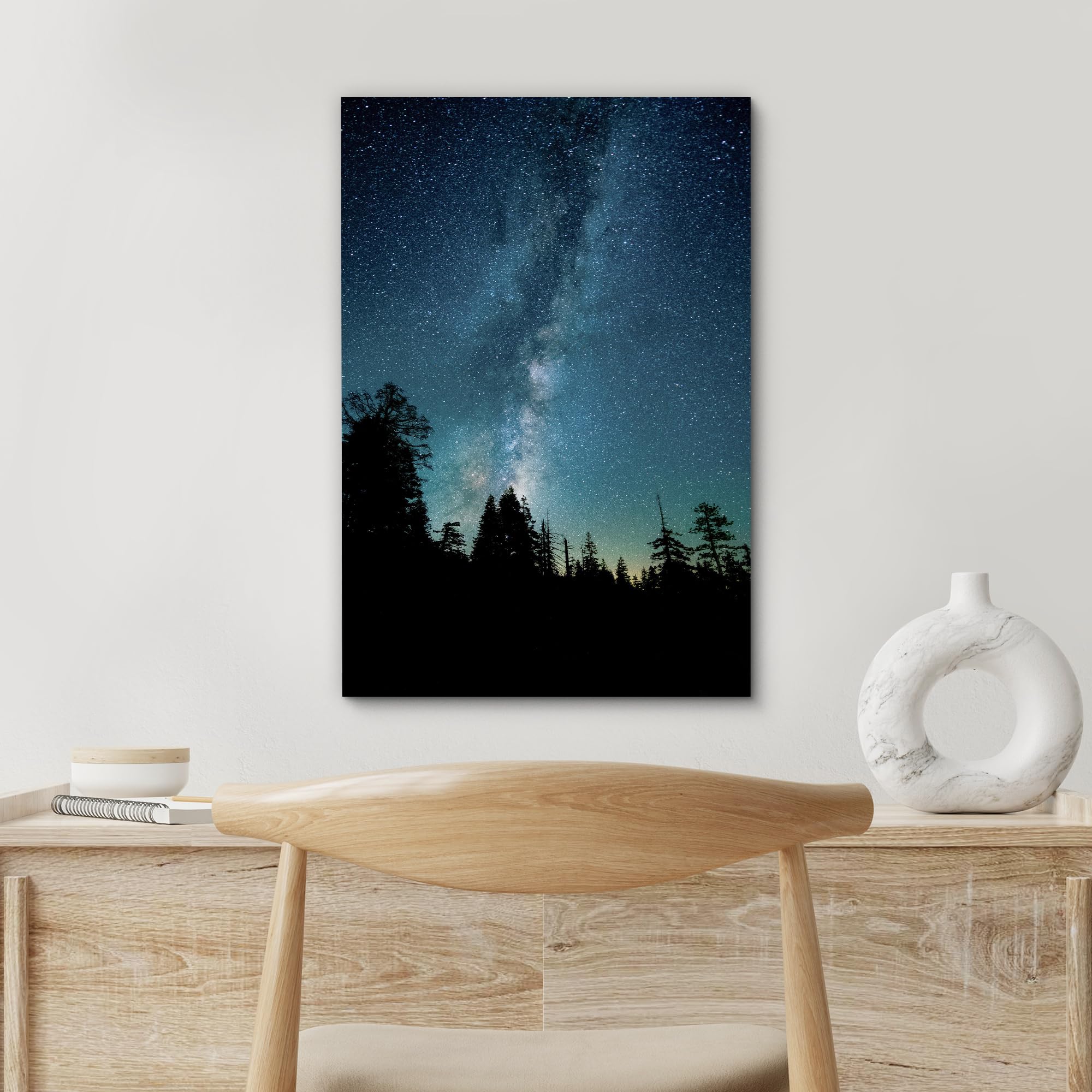 Signford Canvas Print Wall Art Navy Blue Teal Starlight Forest Silhouette Nature Wilderness Photography Realism Decorative Sceni