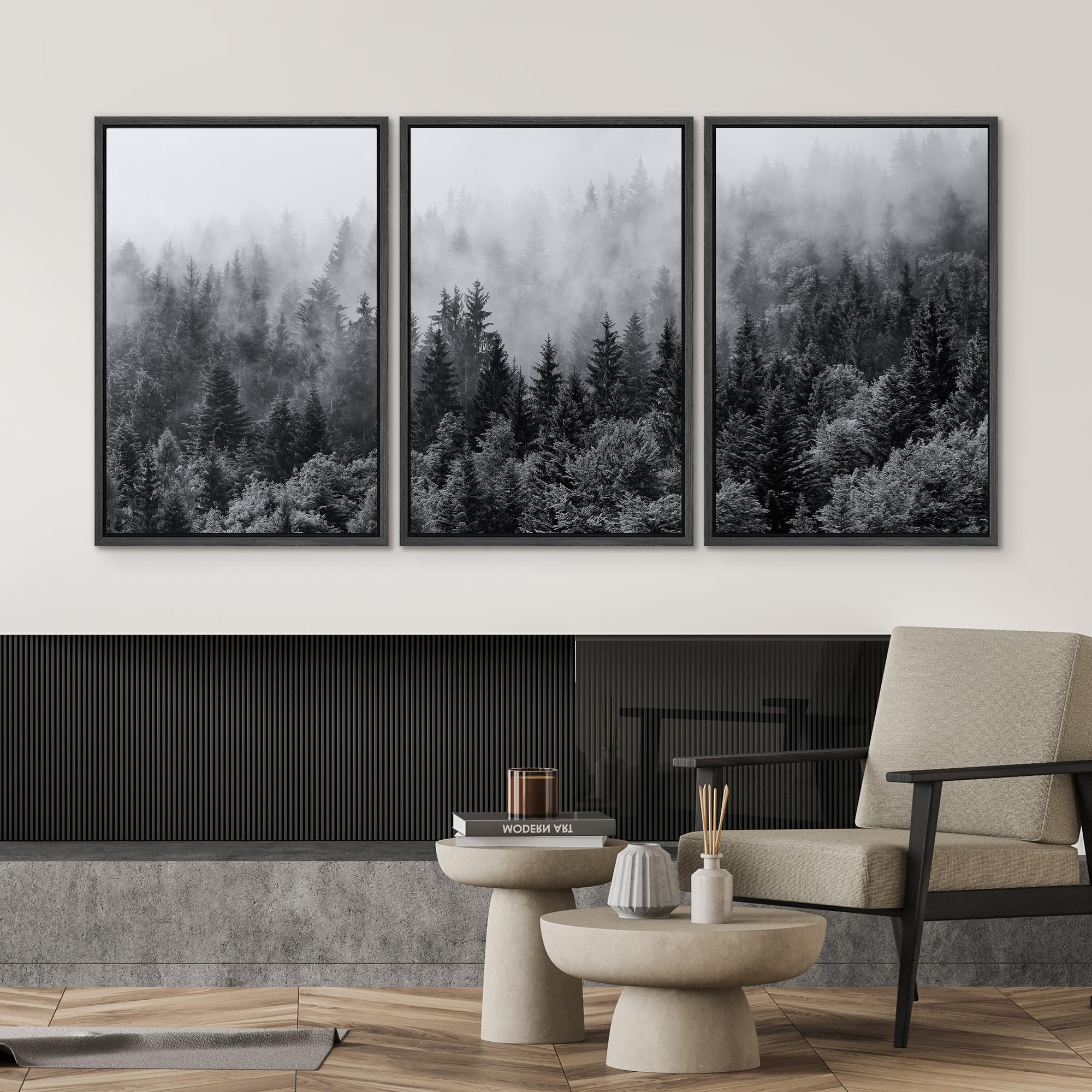 Signwin Framed Canvas Print Wall Art Set Black & White Misty Mountain Forest Nature Wilderness Photography Modern Art Chic Lands